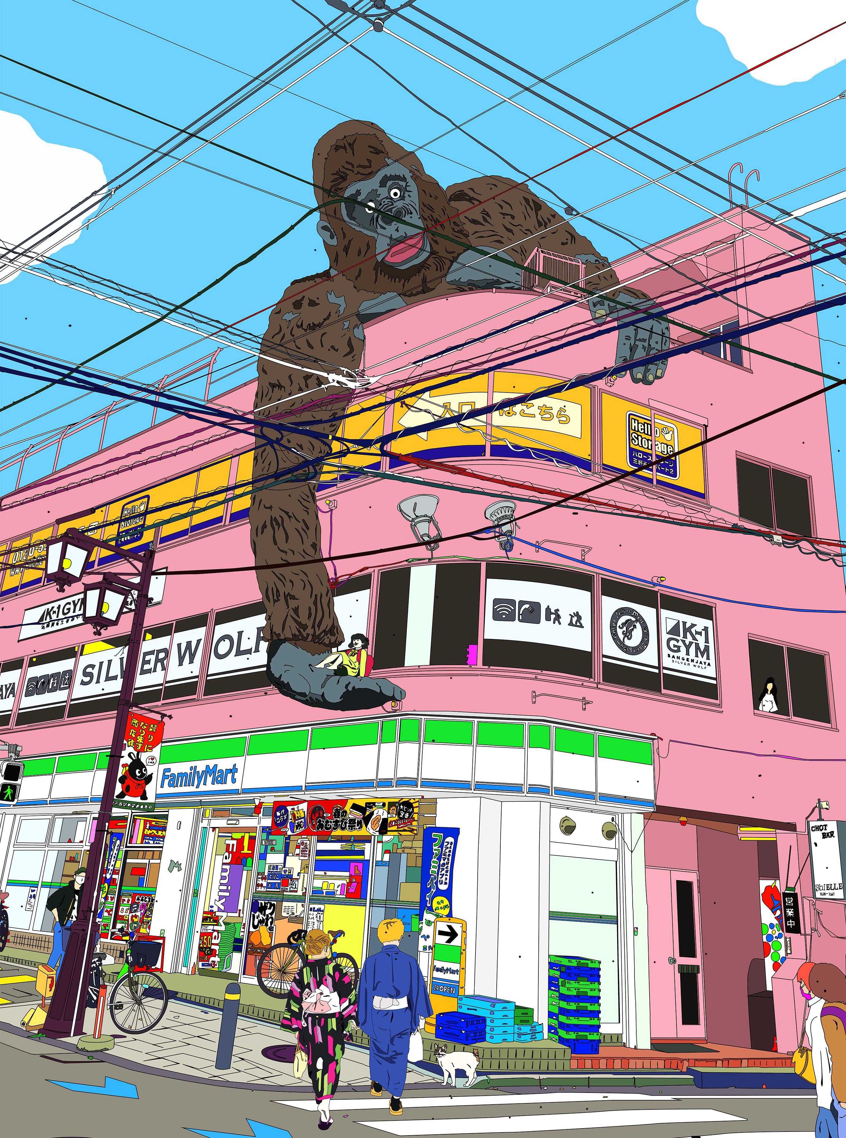 Digital art printed on canvas, original edition 1/1

''It's easy to meet unusual things around Tokyo, this small building in Sangenjaya is definitely one of my Favourite. King Kong looks quiet at least!''

Marco Santaniello is an Italian artist born