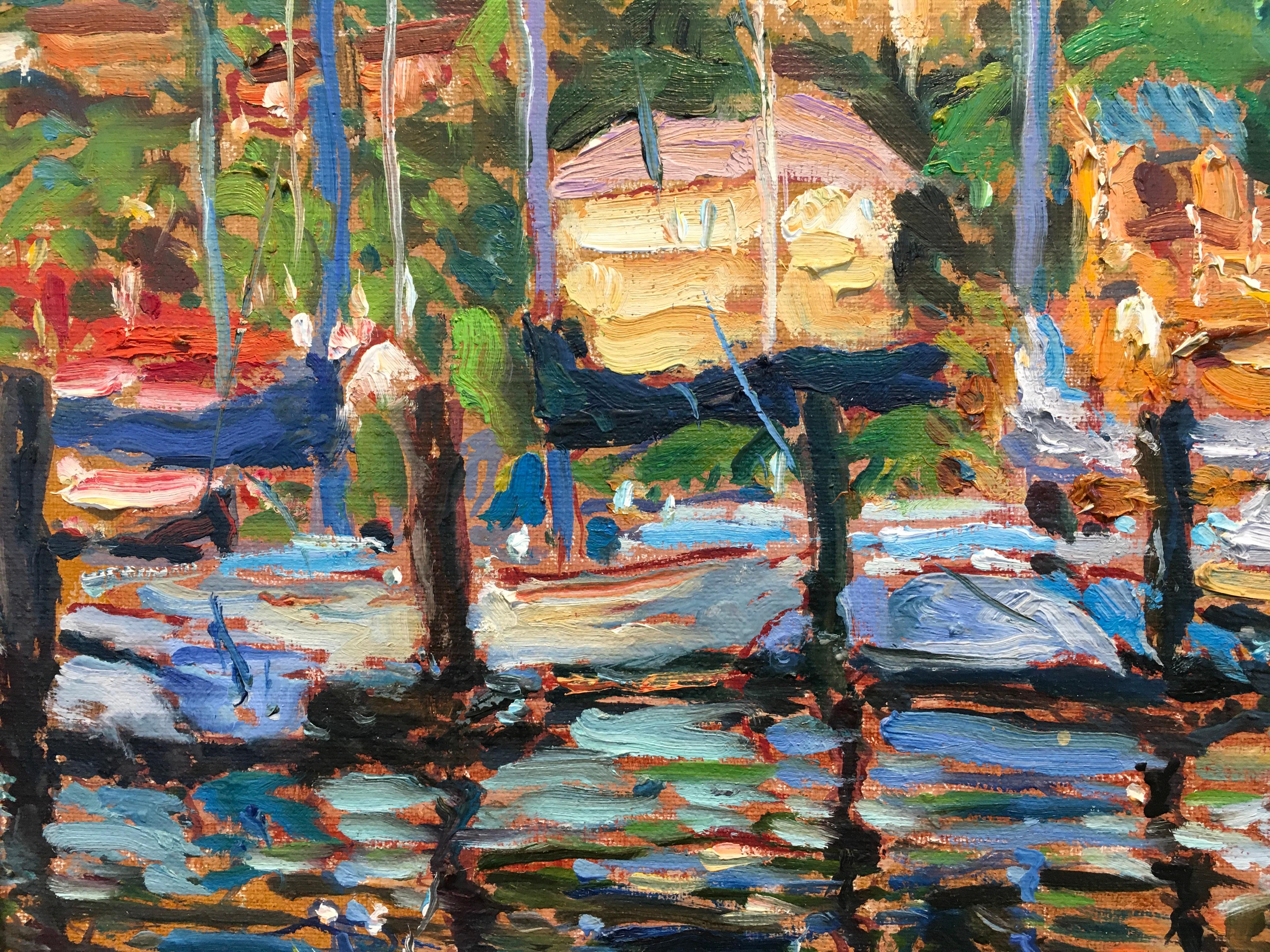 'Riflessi A Tiburon', by Marco Sassone, Oil on Linen, Waterfront Landscape, 1983 For Sale 6