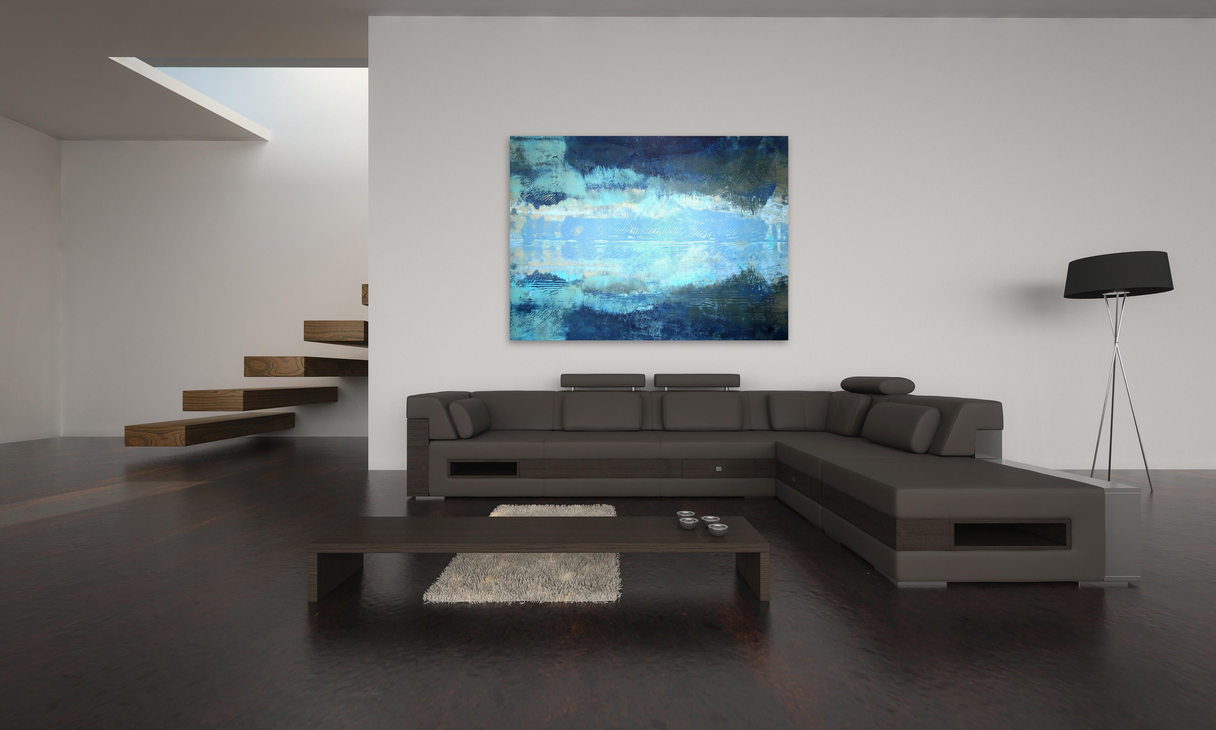 A827 - Grande opera d'arte astratta blu di grandi dimensioni su tela pronta da appendere - Painting di Marco Schmidli