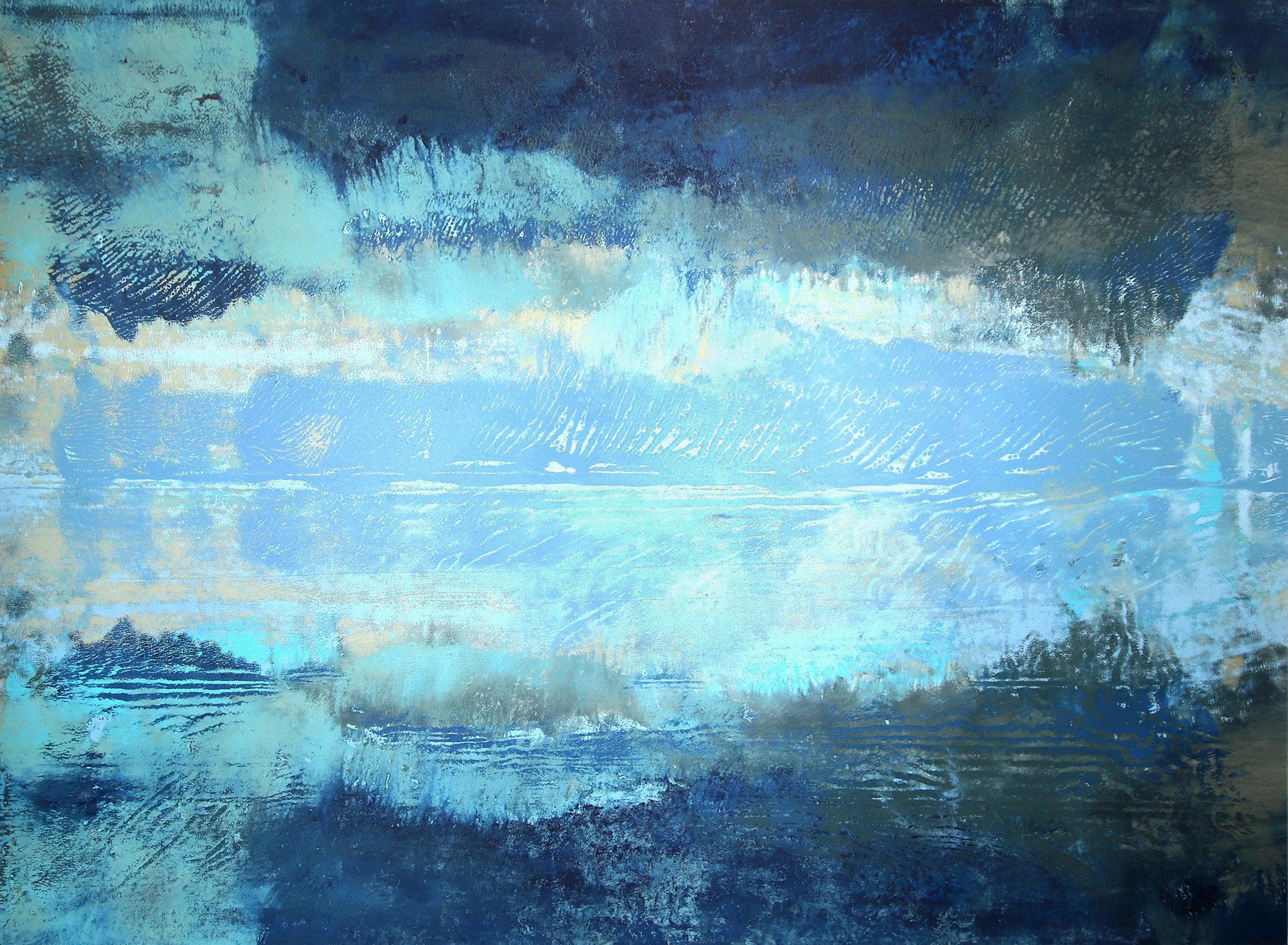 A827 - Grande œuvre d'art abstraite bleue sur toile originale surdimensionnée prête à être accrochée