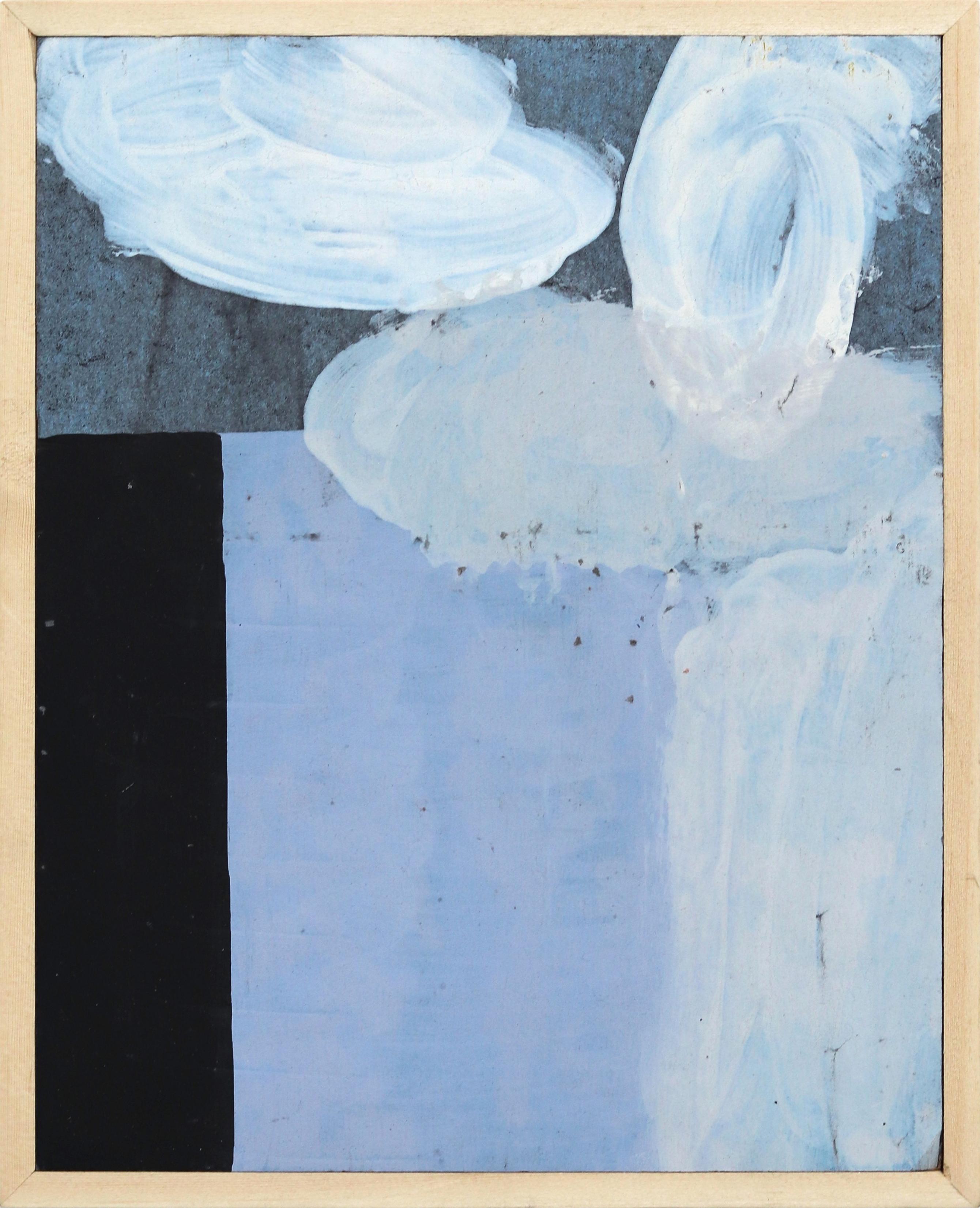 A128 - Pittura astratta blu su tela con cornice in Wood originale Schmidli - Mixed Media Art di Marco Schmidli