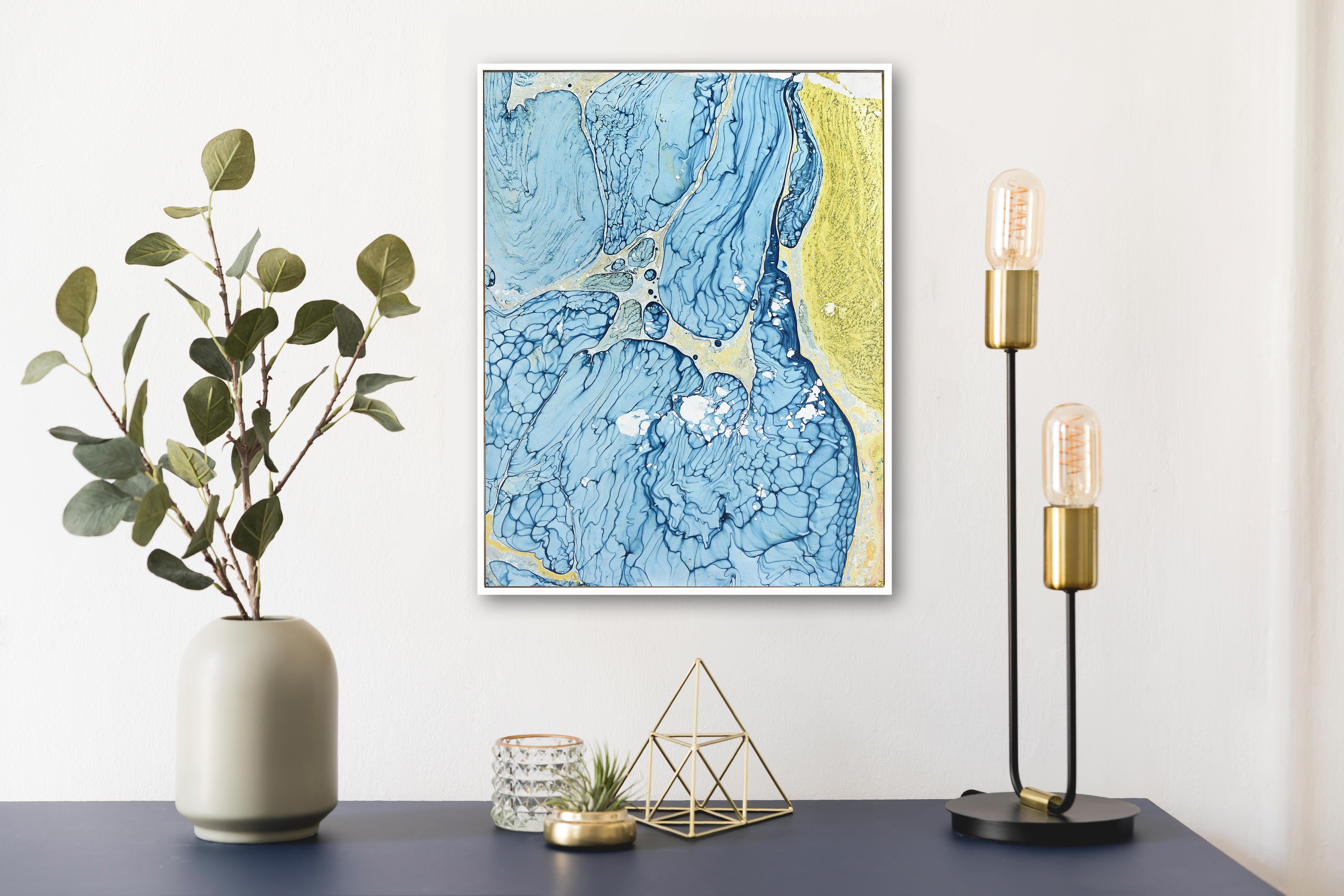 A274B - Quadro astratto contemporaneo blu e giallo con cornice bianca - Art Astratto di Marco Schmidli