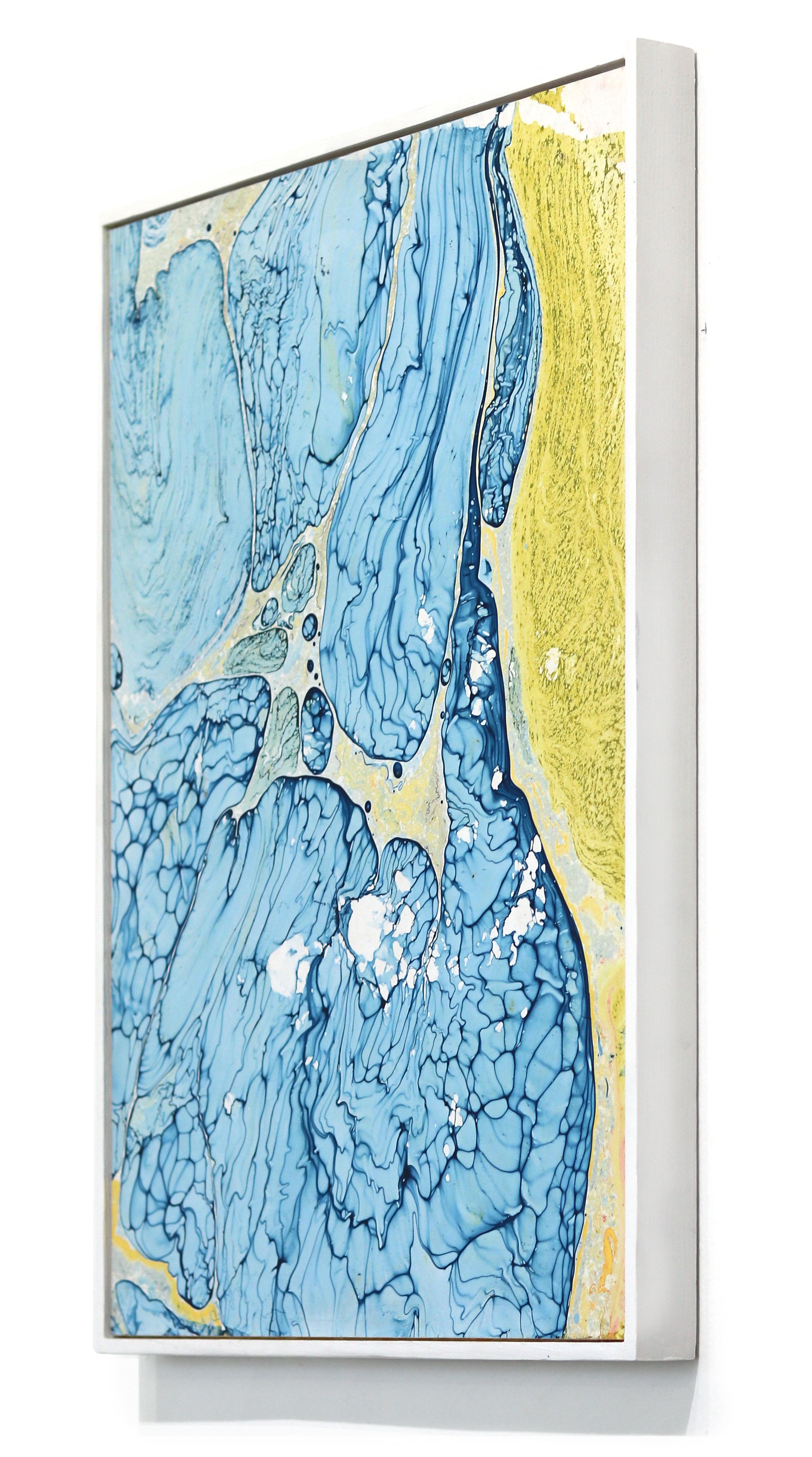 A274B - Quadro astratto contemporaneo blu e giallo con cornice bianca in vendita 1