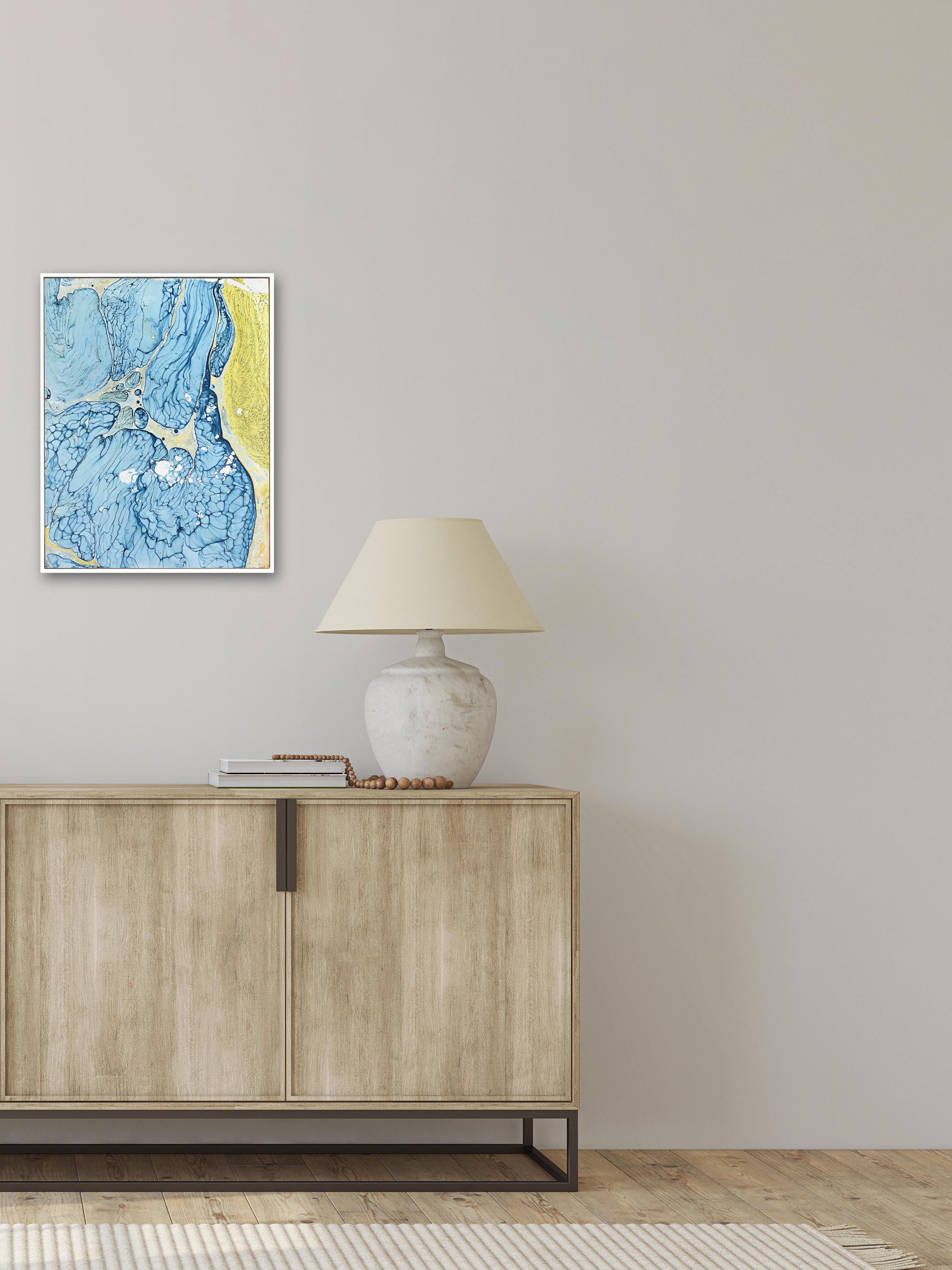 A274B - Quadro astratto contemporaneo blu e giallo con cornice bianca in vendita 3