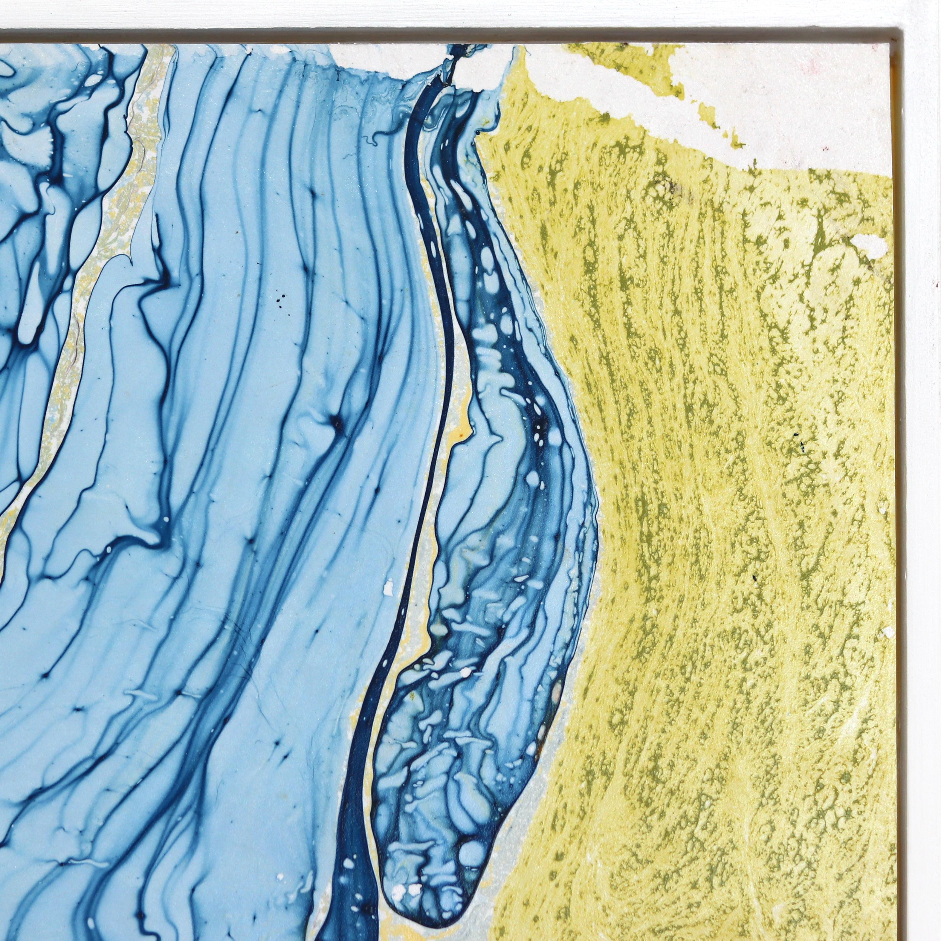 A274B - Quadro astratto contemporaneo blu e giallo con cornice bianca in vendita 4