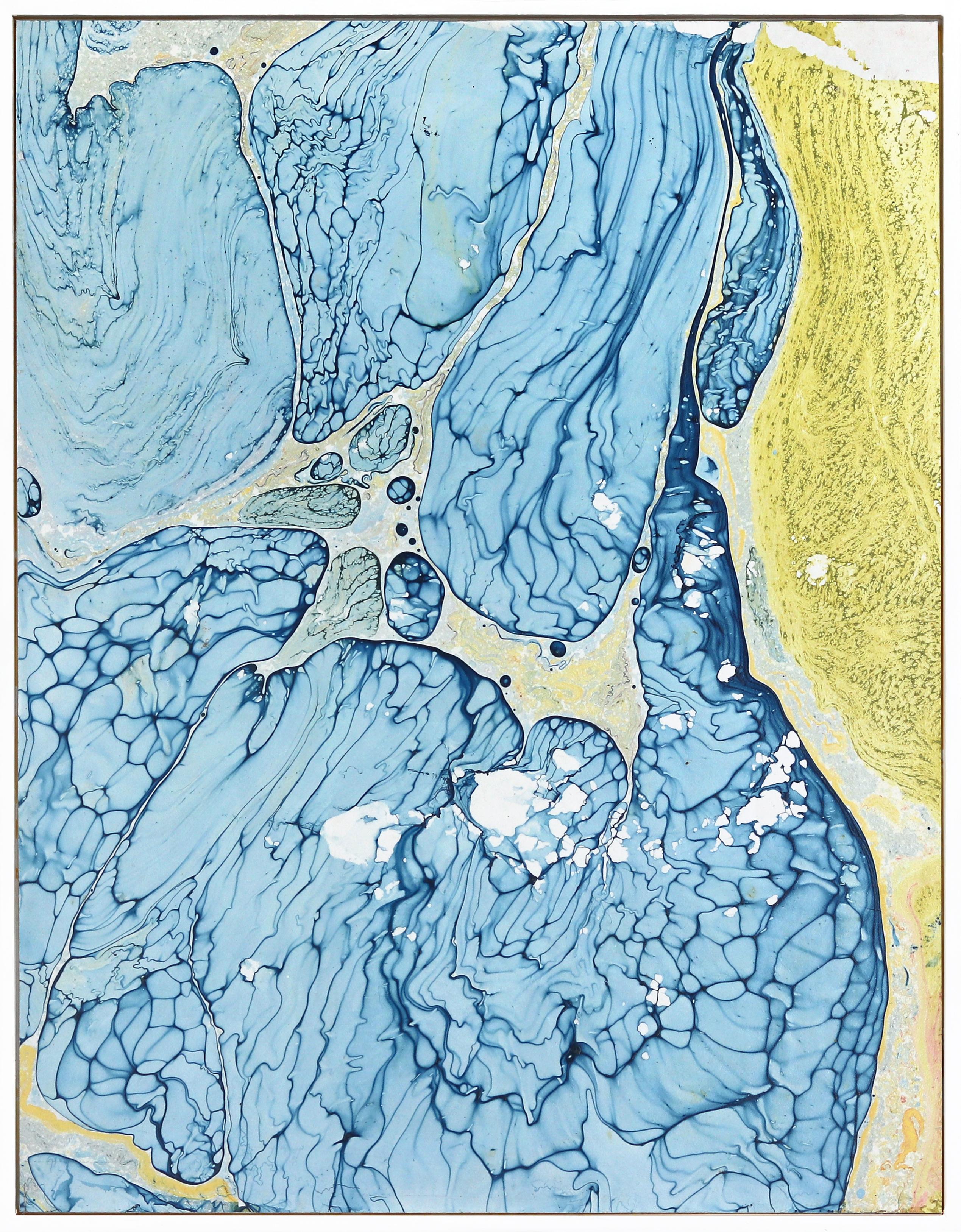 A274B - Quadro astratto contemporaneo blu e giallo con cornice bianca - Art di Marco Schmidli