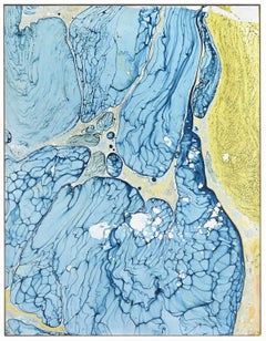 A274B - Quadro astratto contemporaneo blu e giallo con cornice bianca