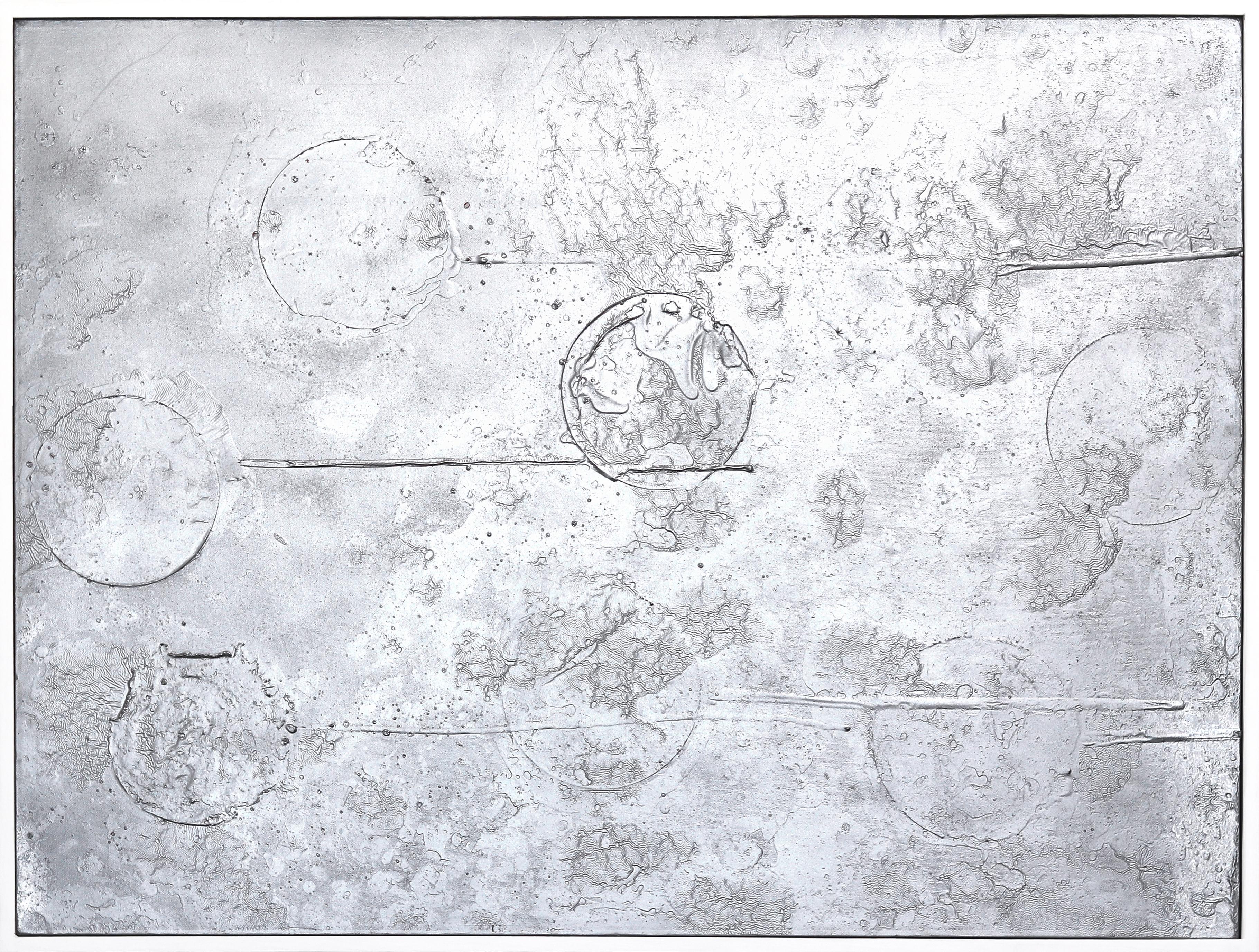 A402 - Contemporary Reflective Silver Abstract Painting With White Frame - Art by Marco Schmidli