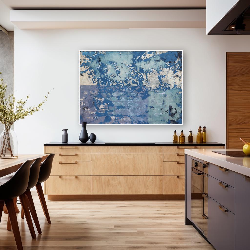 A586 - Grande quadro astratto Contemporary Blue con cornice bianca - Painting di Marco Schmidli