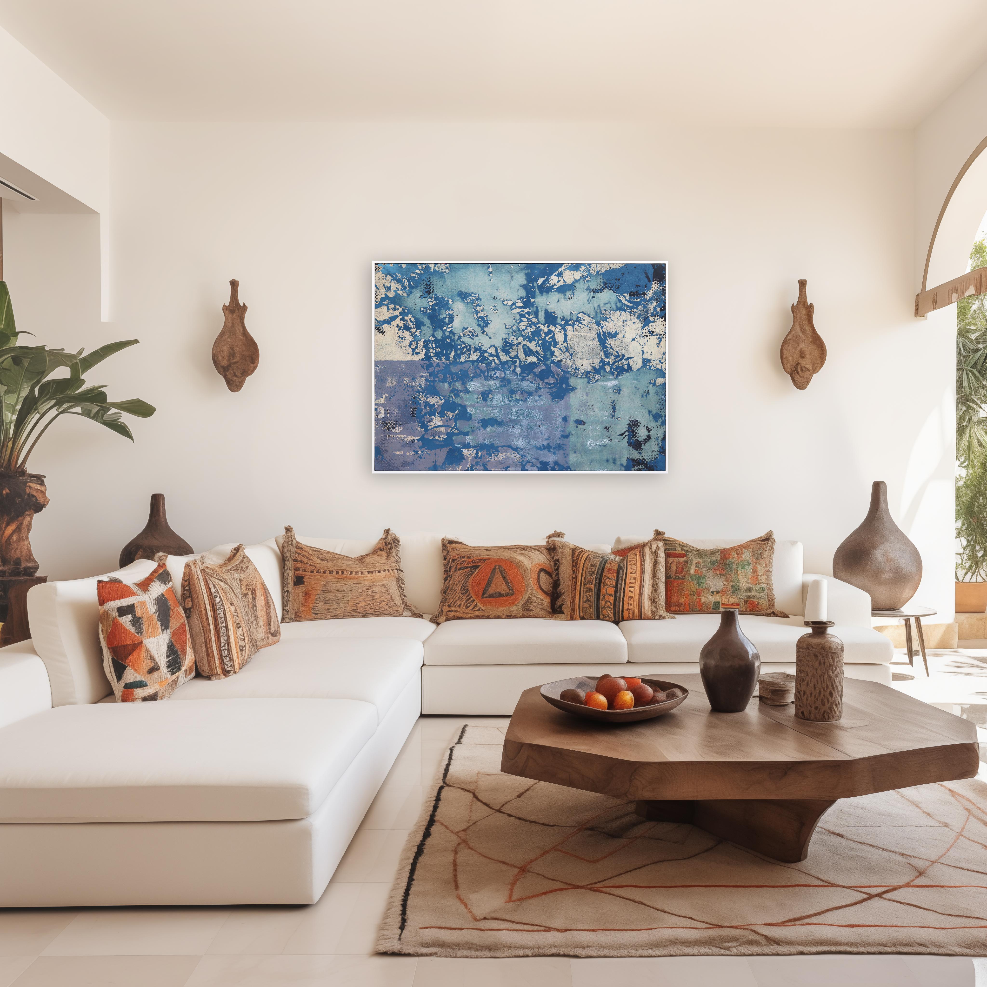 A586 - Grande quadro astratto Contemporary Blue con cornice bianca in vendita 2