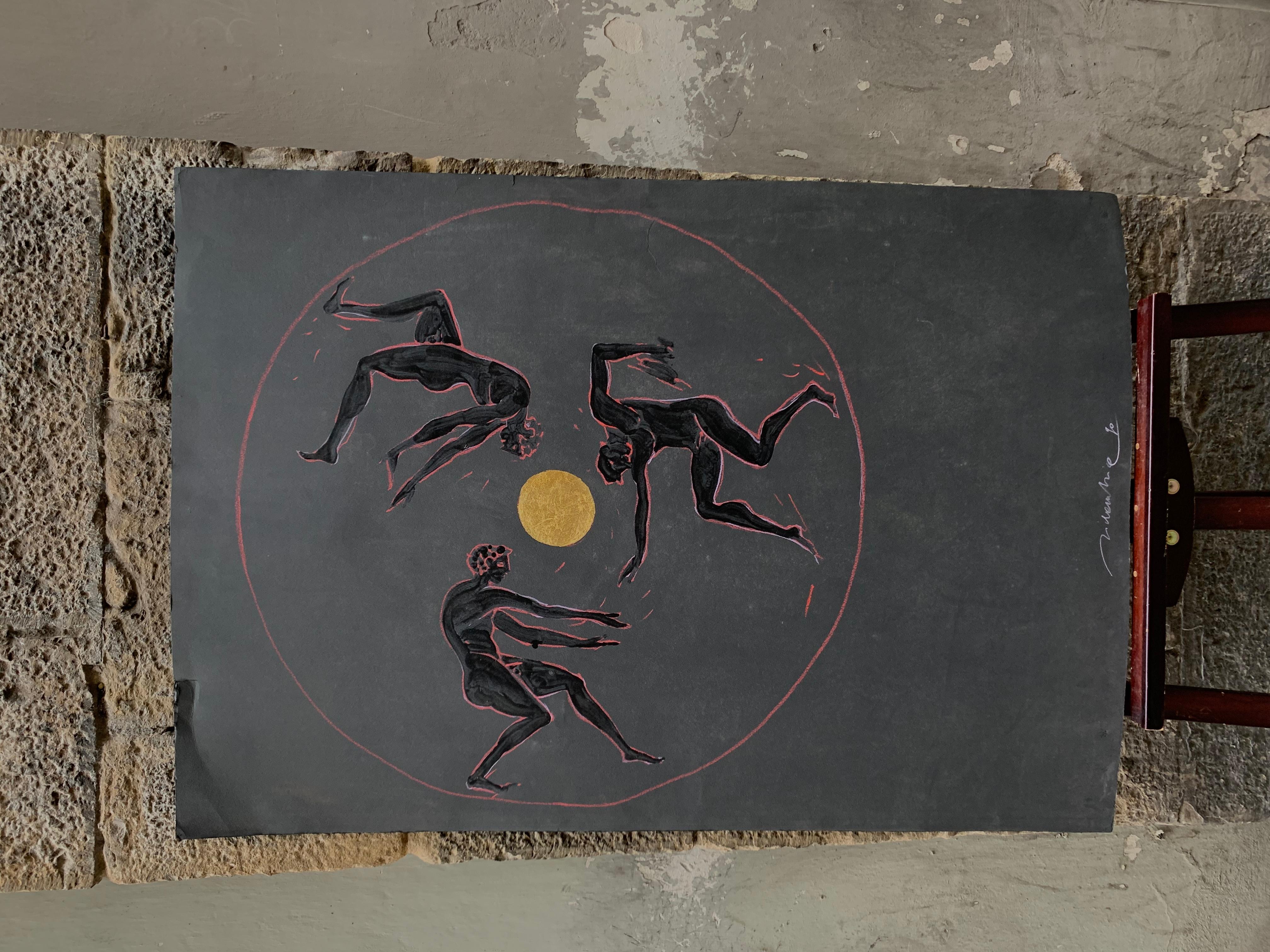 Dionysian. Three Male Figures Dancing Around a Golden Sun. By Marco Silombria - Painting by Marco Silombria 