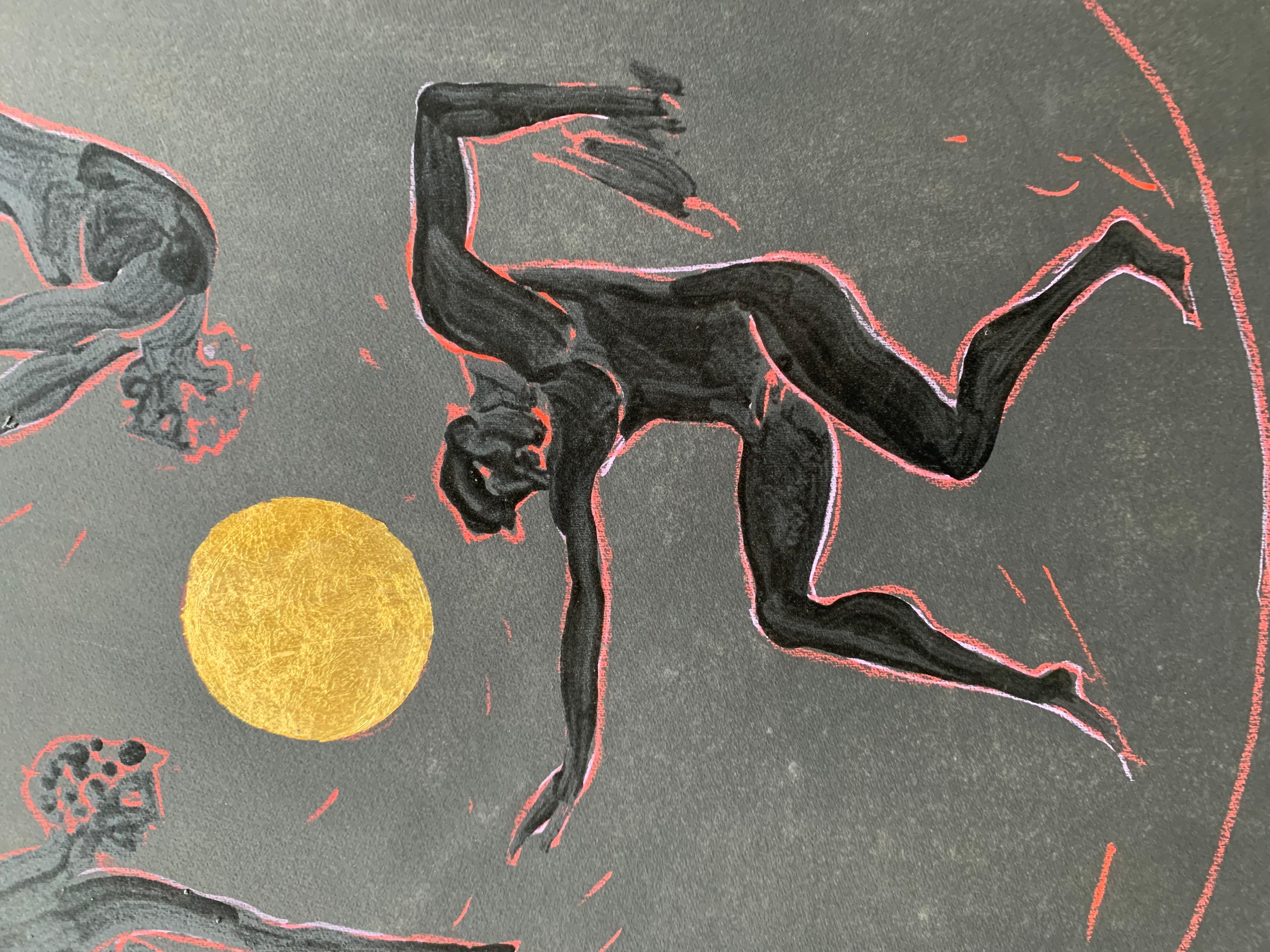 Dionysian. Three Male Figures Dancing Around a Golden Sun. By Marco Silombria - Pop Art Painting by Marco Silombria 
