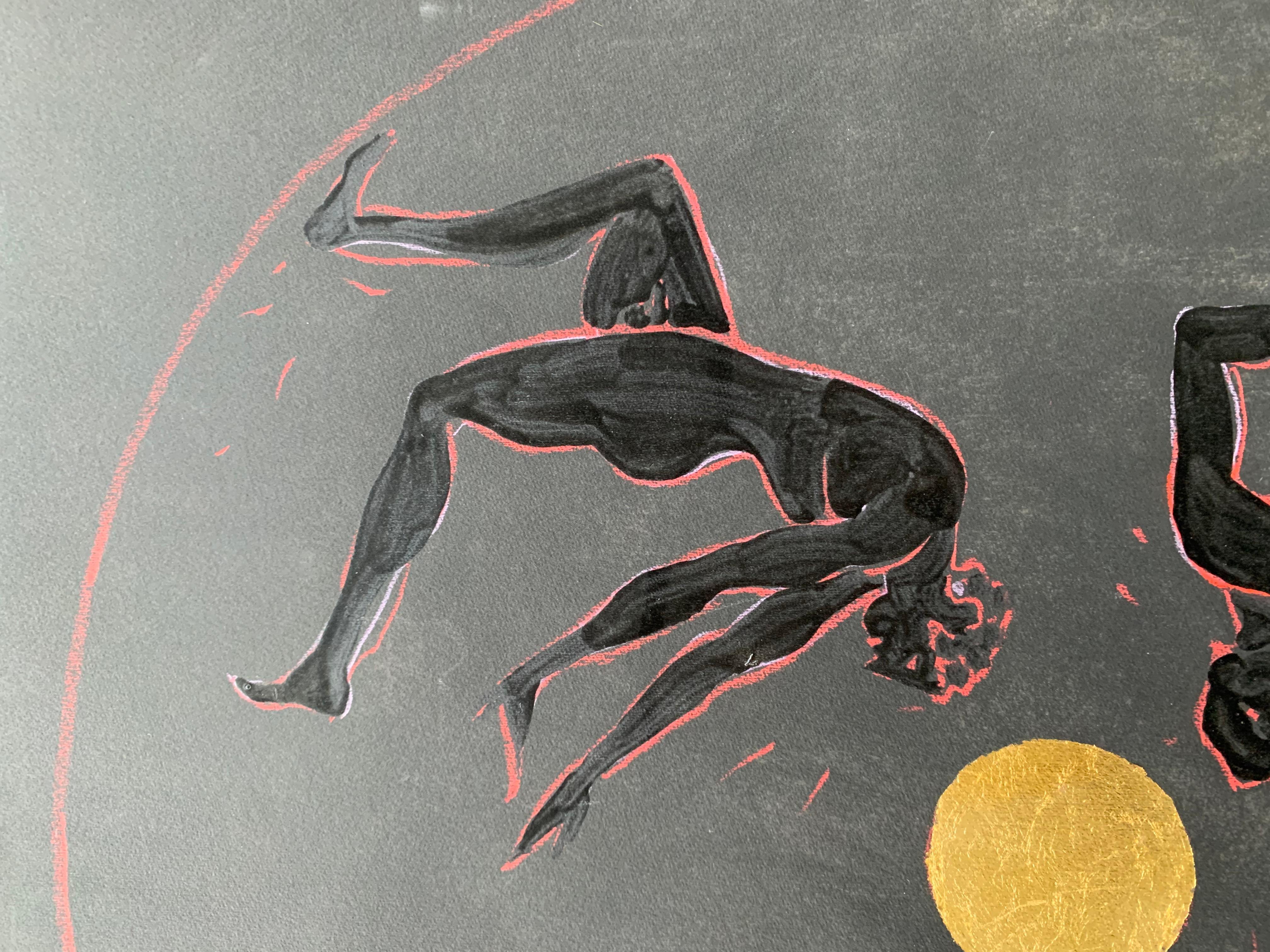 Dionysian. Three Male Figures Dancing Around a Golden Sun. By Marco Silombria - Black Nude Painting by Marco Silombria 