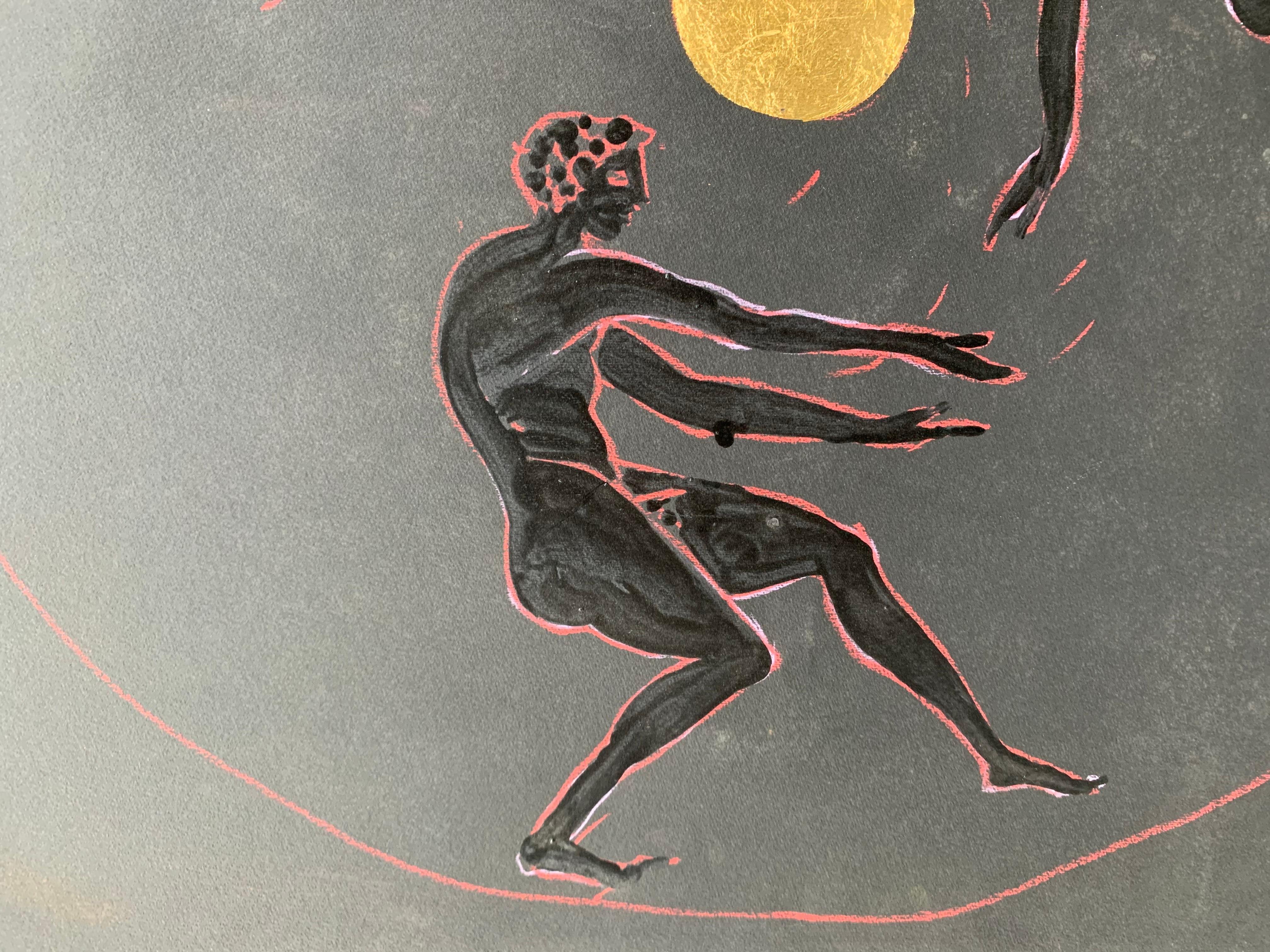 Dionysian. Three Male Figures Dancing Around a Golden Sun
Marco Silombria (Savona, 1936 - Albissola, 2017)
Acrylic and gold leaf on black paper
Signed and dated '96 at lower edge
Size: 100 × 72 cm

Three nude, athletic male figures revolve in a