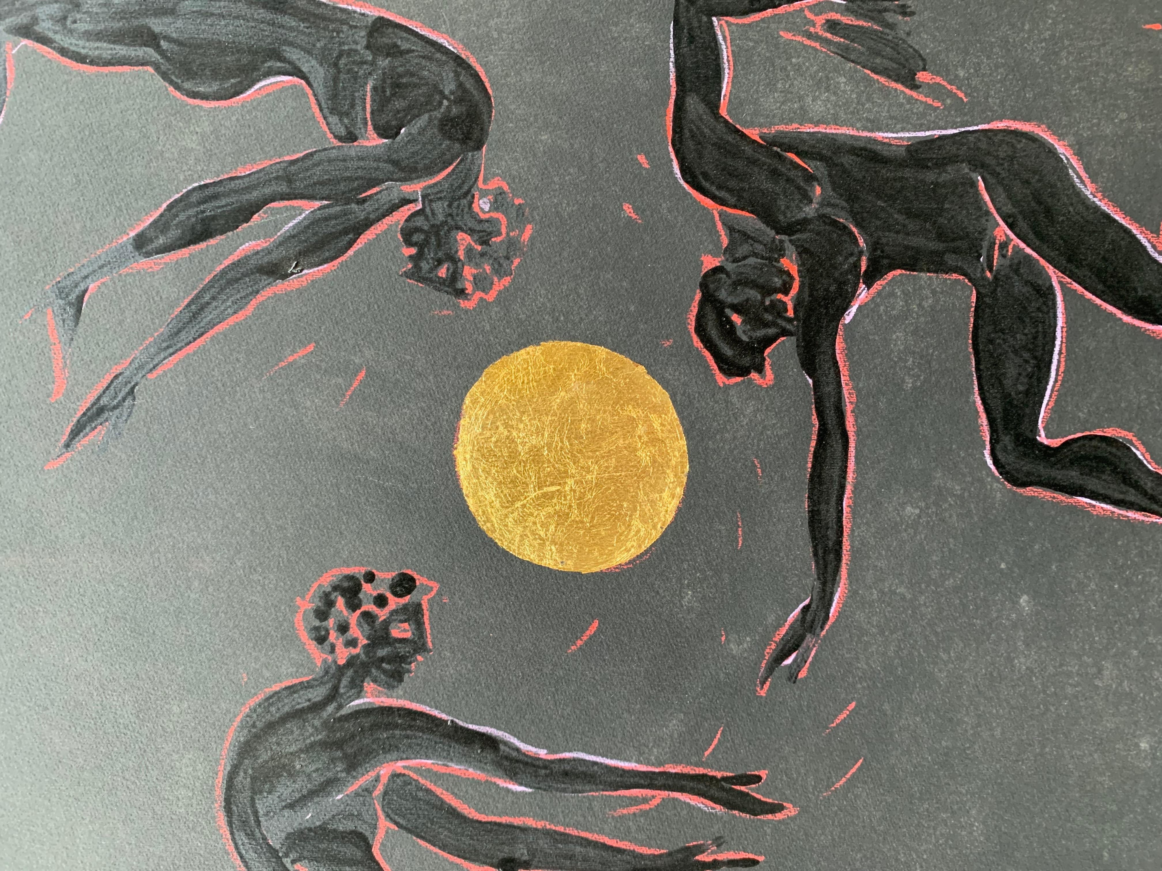 Dionysian. Three Male Figures Dancing Around a Golden Sun. By Marco Silombria For Sale 1