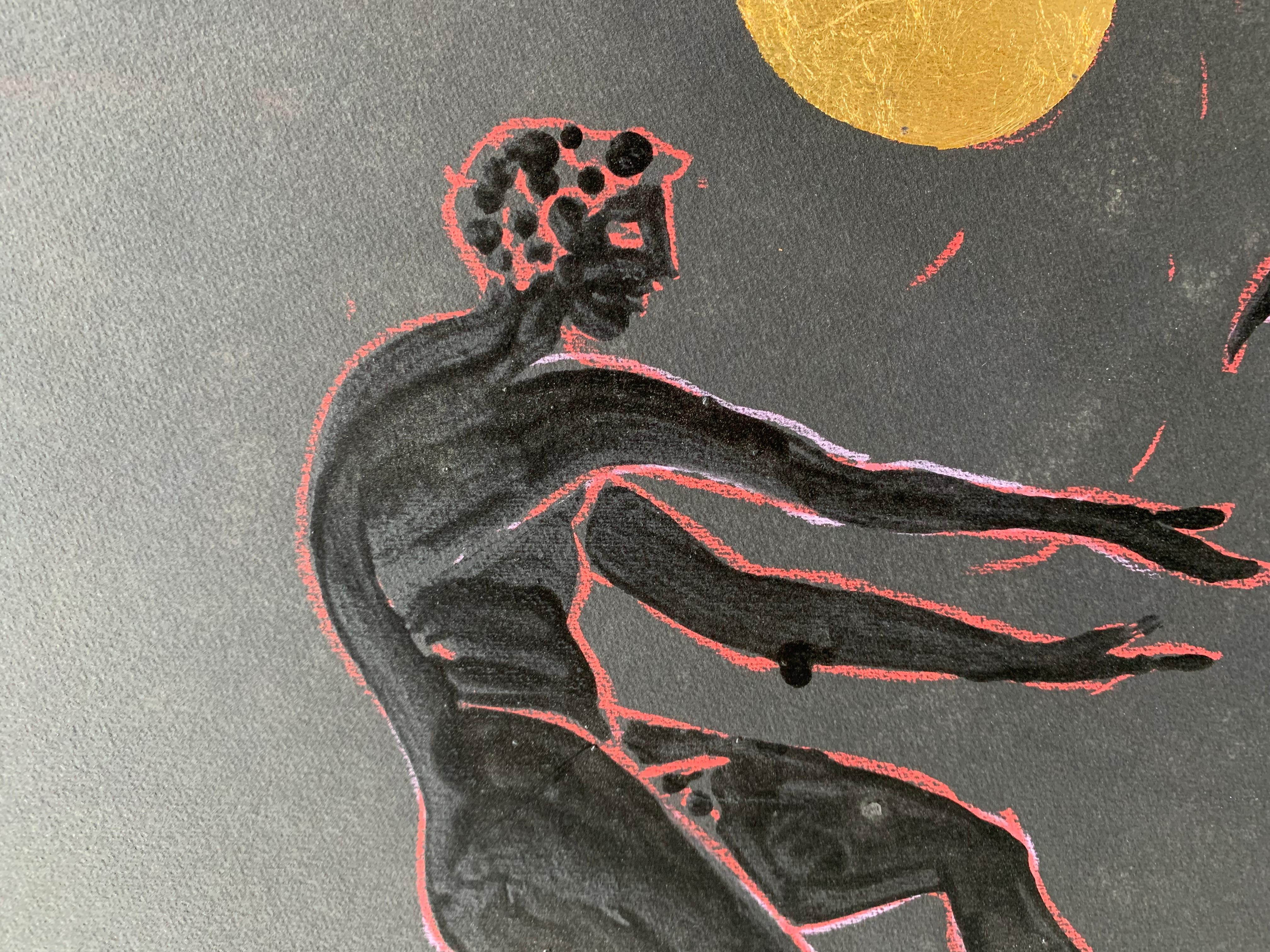 Dionysian. Three Male Figures Dancing Around a Golden Sun. By Marco Silombria For Sale 4