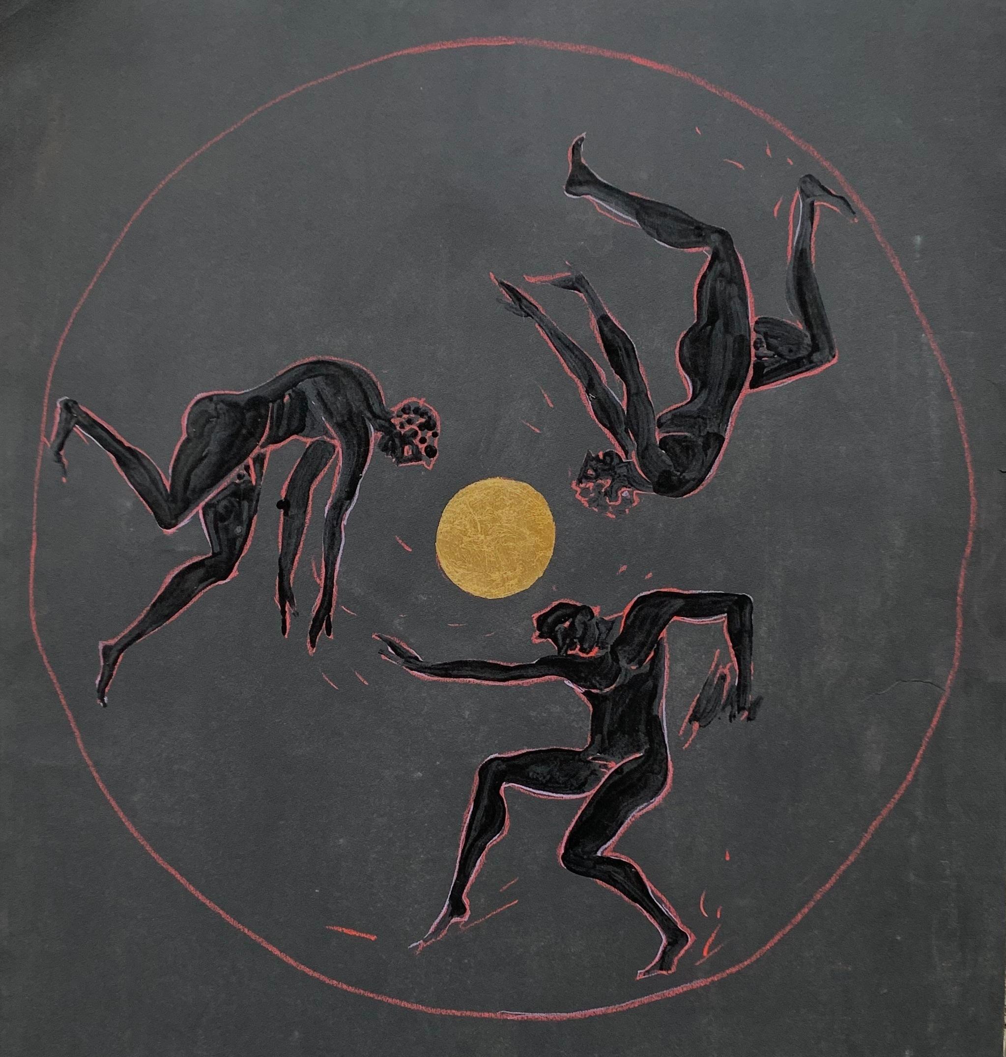 Dionysien. Trois figures masculines dansant autour d'un soleil d'or. Par Marco Silombria