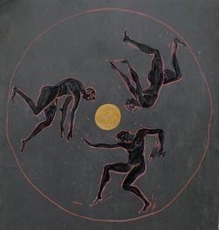 Dionysien. Trois figures masculines dansant autour d'un soleil d'or. Par Marco Silombria