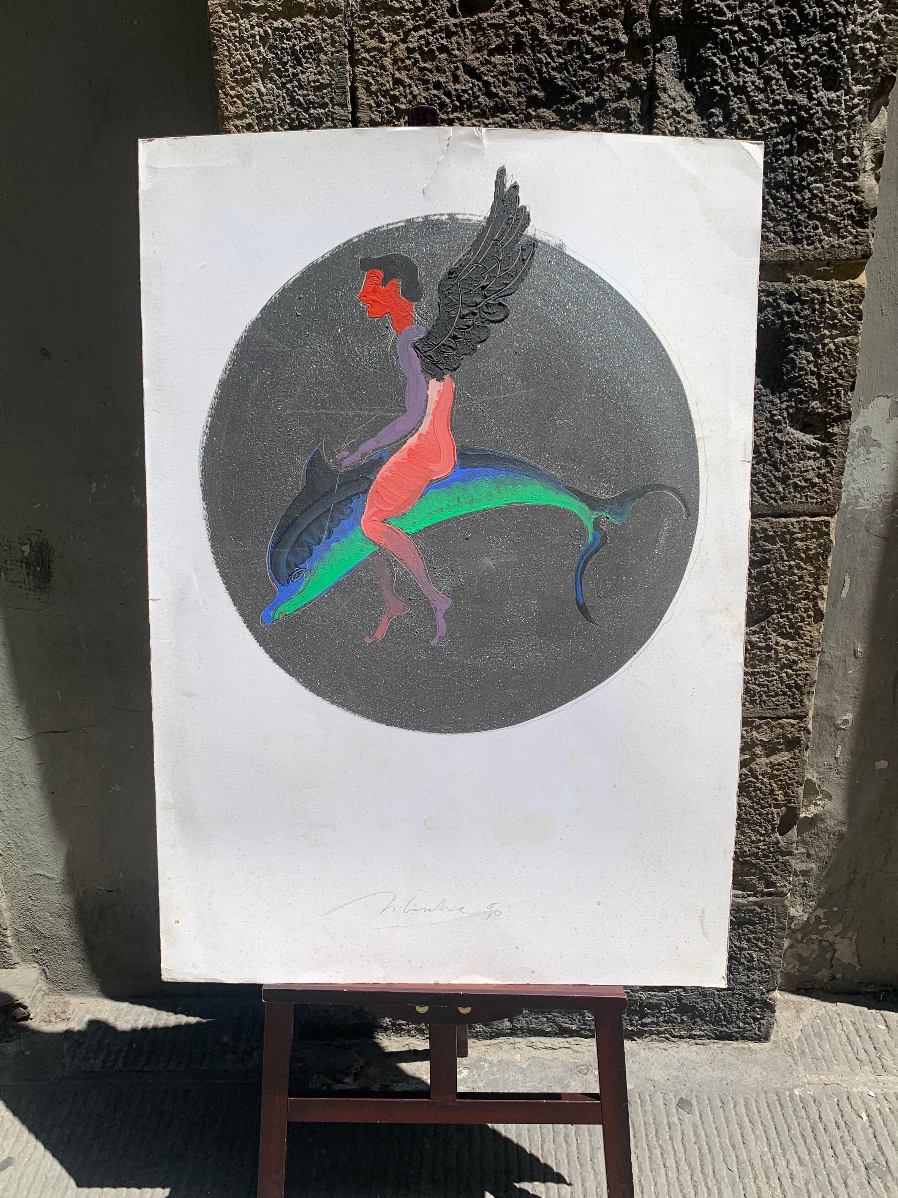Eros sur le dauphin. Série Dionisian par Marco Silombria - Painting de Marco Silombria 
