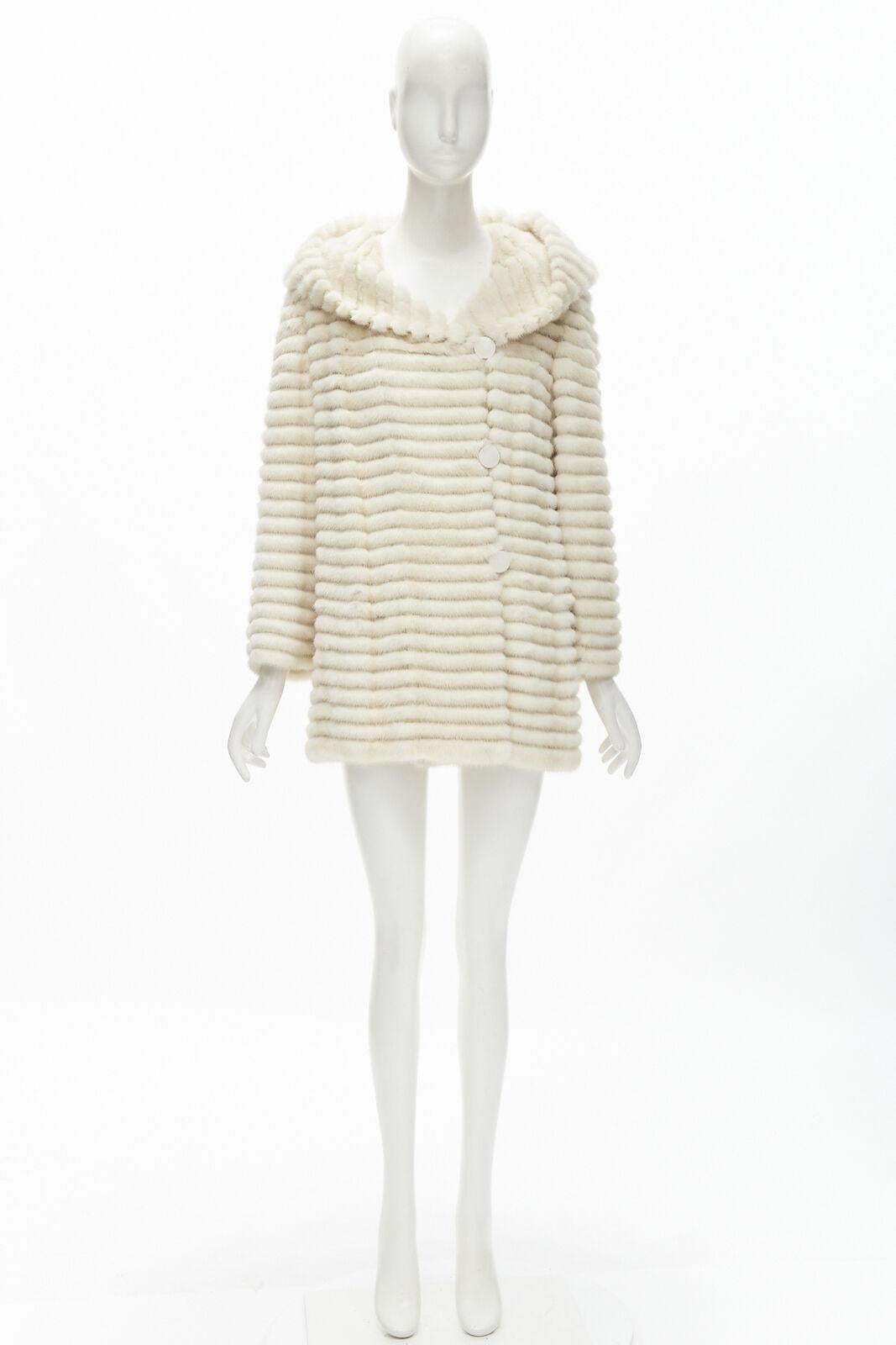 MARCO VANOLI cream tulle fur stripes buttoned asymmetric hooded jacket IT40 S For Sale 6