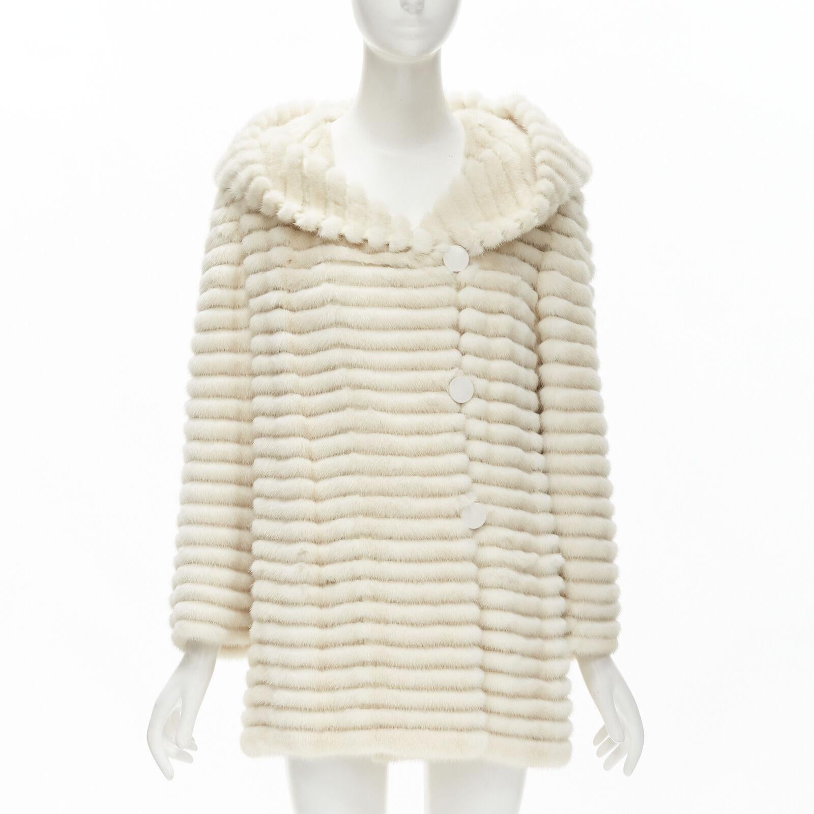 Beige MARCO VANOLI cream tulle fur stripes buttoned asymmetric hooded jacket IT40 S For Sale