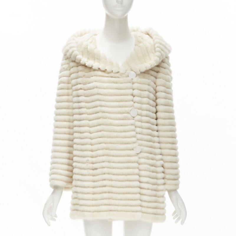 Beige MARCO VANOLI - Veste à capuche asymétrique boutonnée en fourrure de tulle crème IT40 S en vente