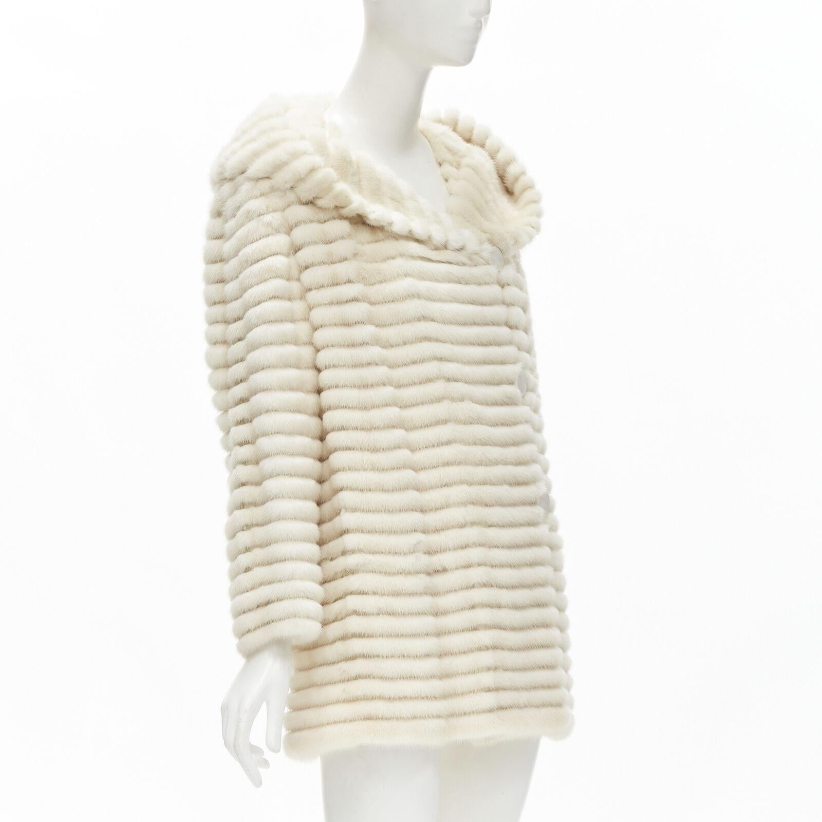 MARCO VANOLI cream tulle fur stripes buttoned asymmetric hooded jacket IT40 S In Excellent Condition For Sale In Hong Kong, NT