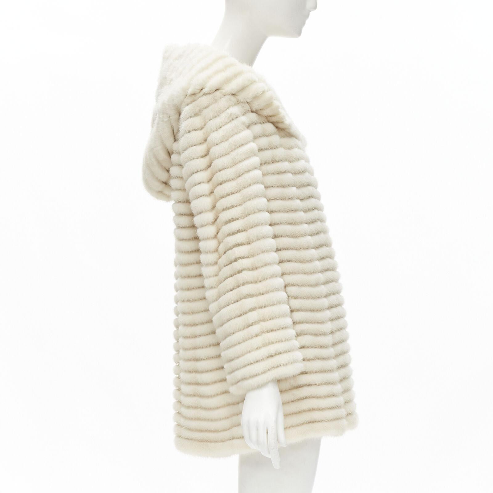 Women's MARCO VANOLI cream tulle fur stripes buttoned asymmetric hooded jacket IT40 S For Sale