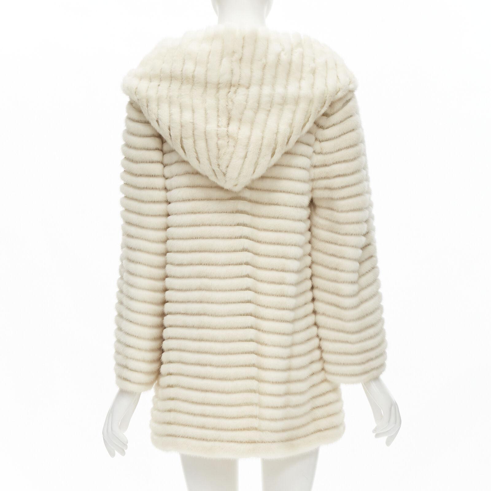 MARCO VANOLI cream tulle fur stripes buttoned asymmetric hooded jacket IT40 S For Sale 1