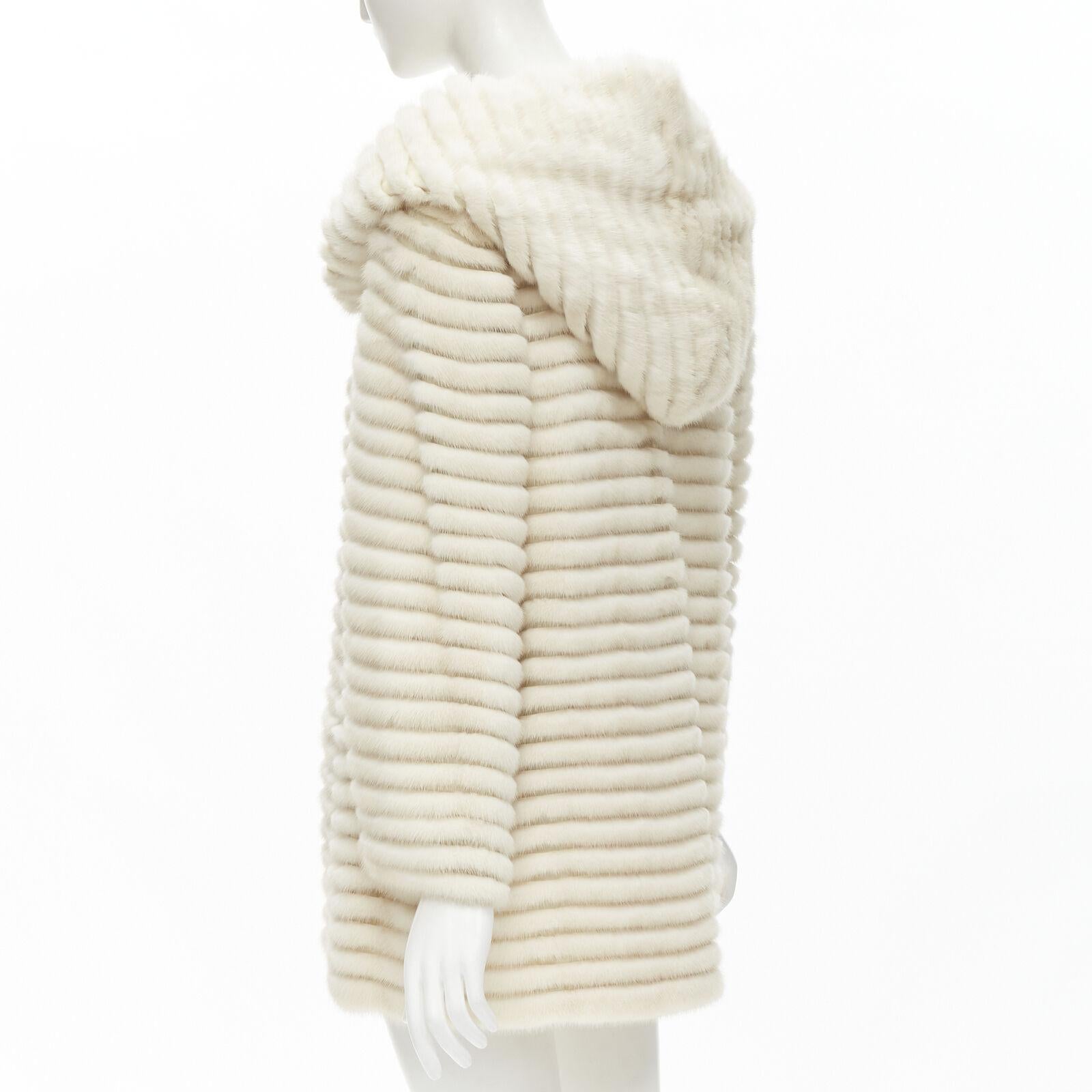 MARCO VANOLI cream tulle fur stripes buttoned asymmetric hooded jacket IT40 S For Sale 2