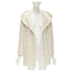 MARCO VANOLI cream tulle fur stripes buttoned asymmetric hooded jacket IT40 S
