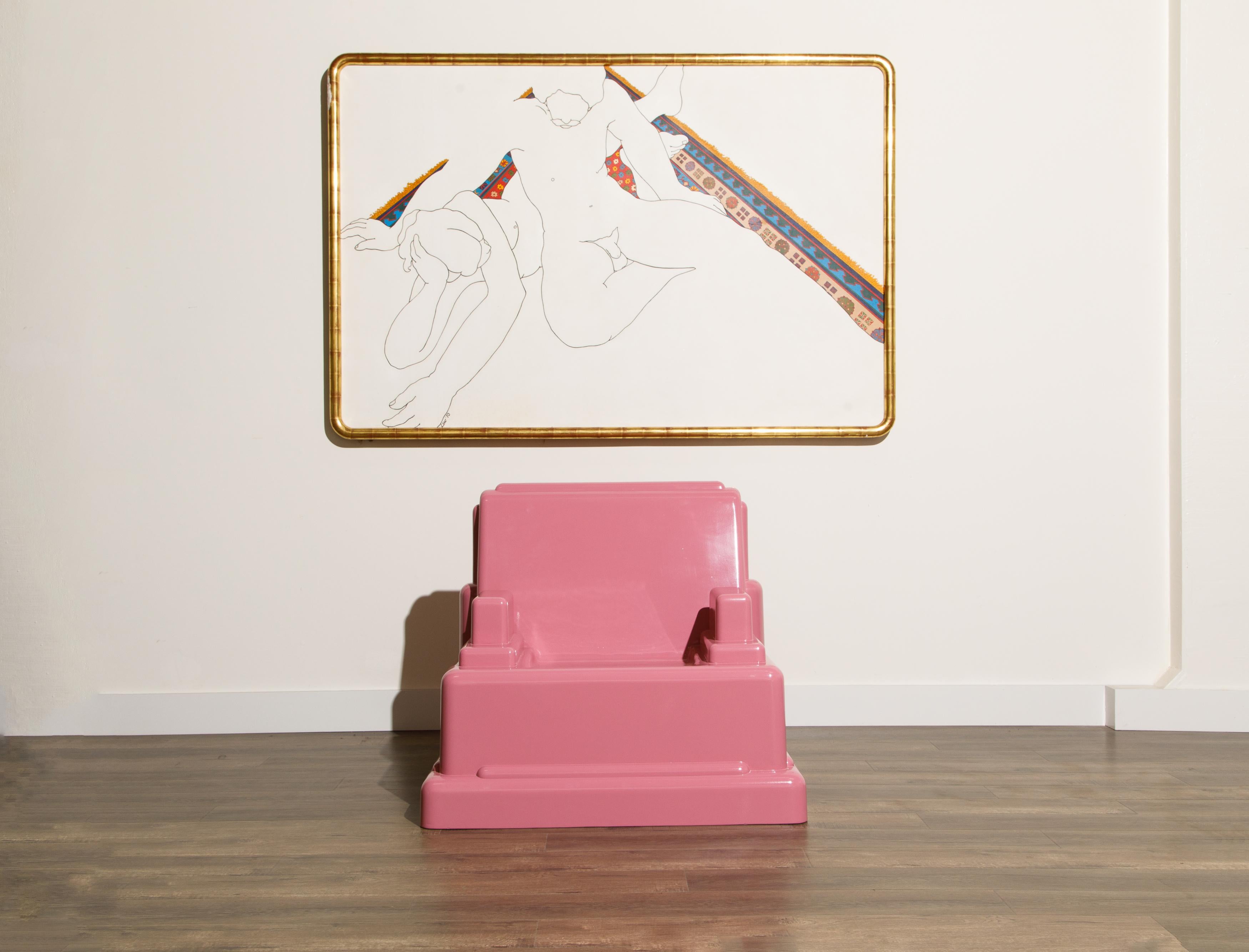 This conversation starter and Post-Modern collectors dream piece is the 'Roma' chair by Marco Zanini, designed in 1986 for Memphis Milano, Italy. Constructed of fiberglass, we fully restored it in a dusty rose (pink) colored french polish lacquer,