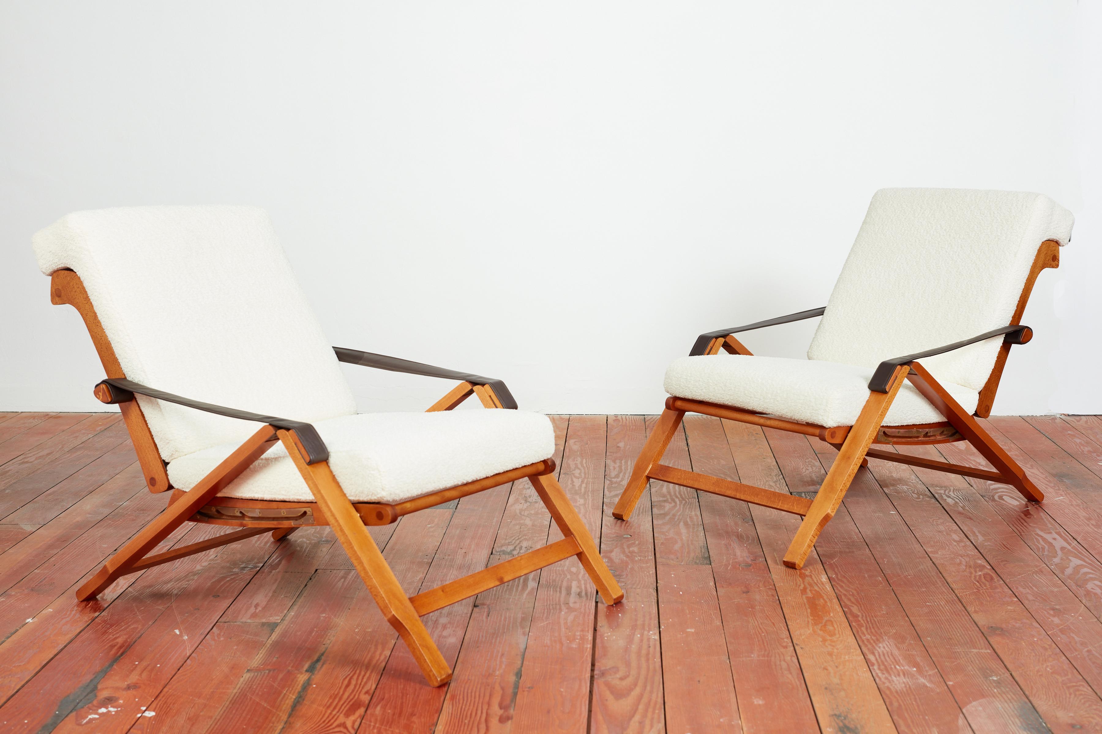 Italian Marco Zanuso Adjustable Boucle and Wood Armchairs
