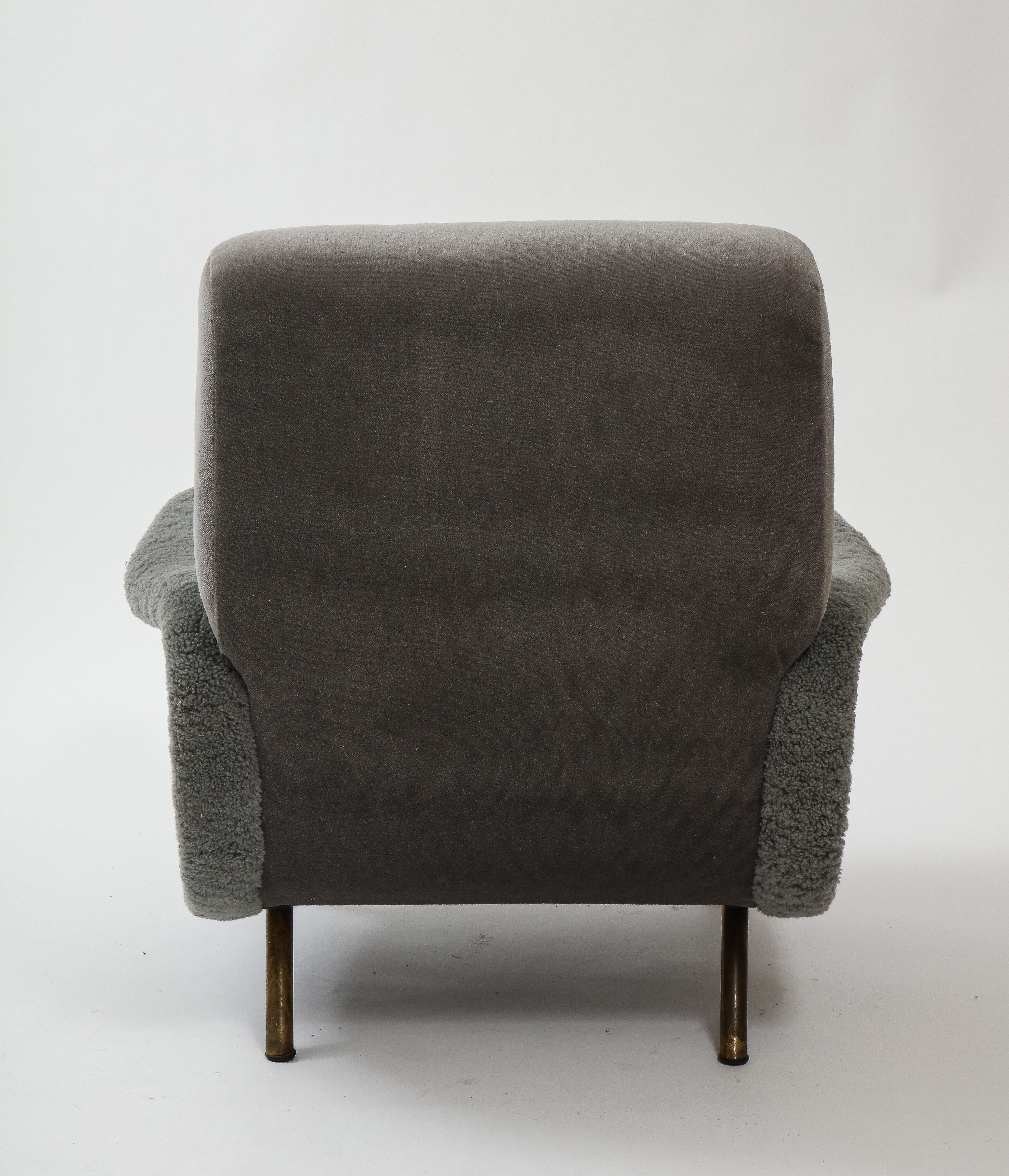 Brass Marco Zanuso Arflex Lady Chair, Mohair and Shearling, Midcentury, Italy