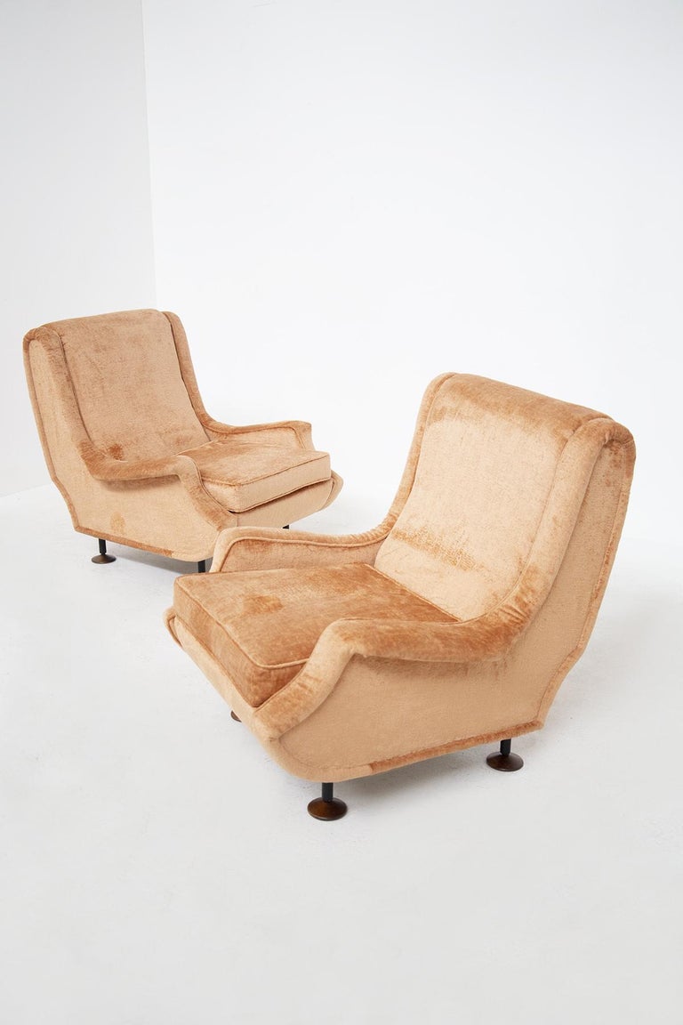 Mid-Century Modern Marco Zanuso Armchairs in Orange Velvet for Arflex