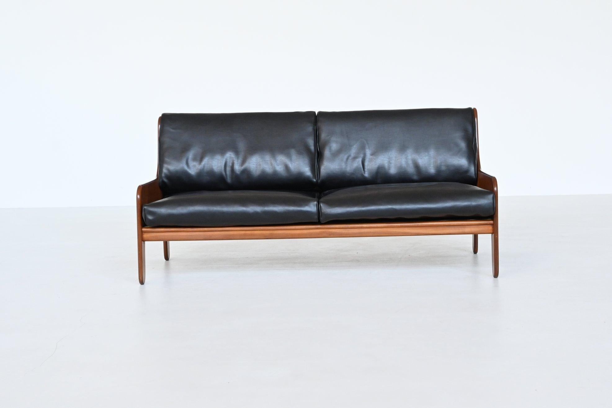Mid-Century Modern Marco Zanuso Baronet two-seat sofa in teak and black leather Arflex Italy 1964 