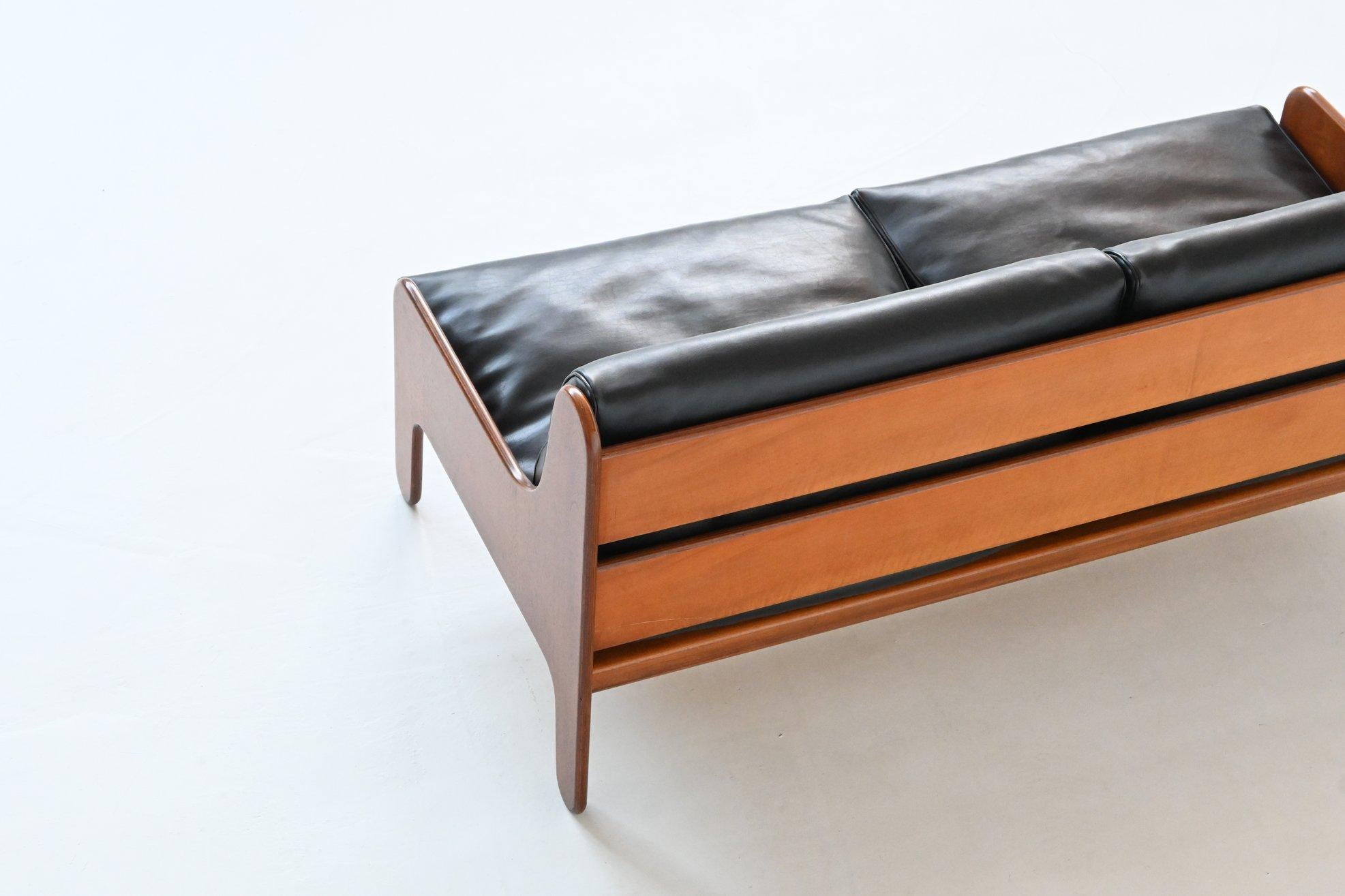 Mid-20th Century Marco Zanuso Baronet two-seat sofa in teak and black leather Arflex Italy 1964 