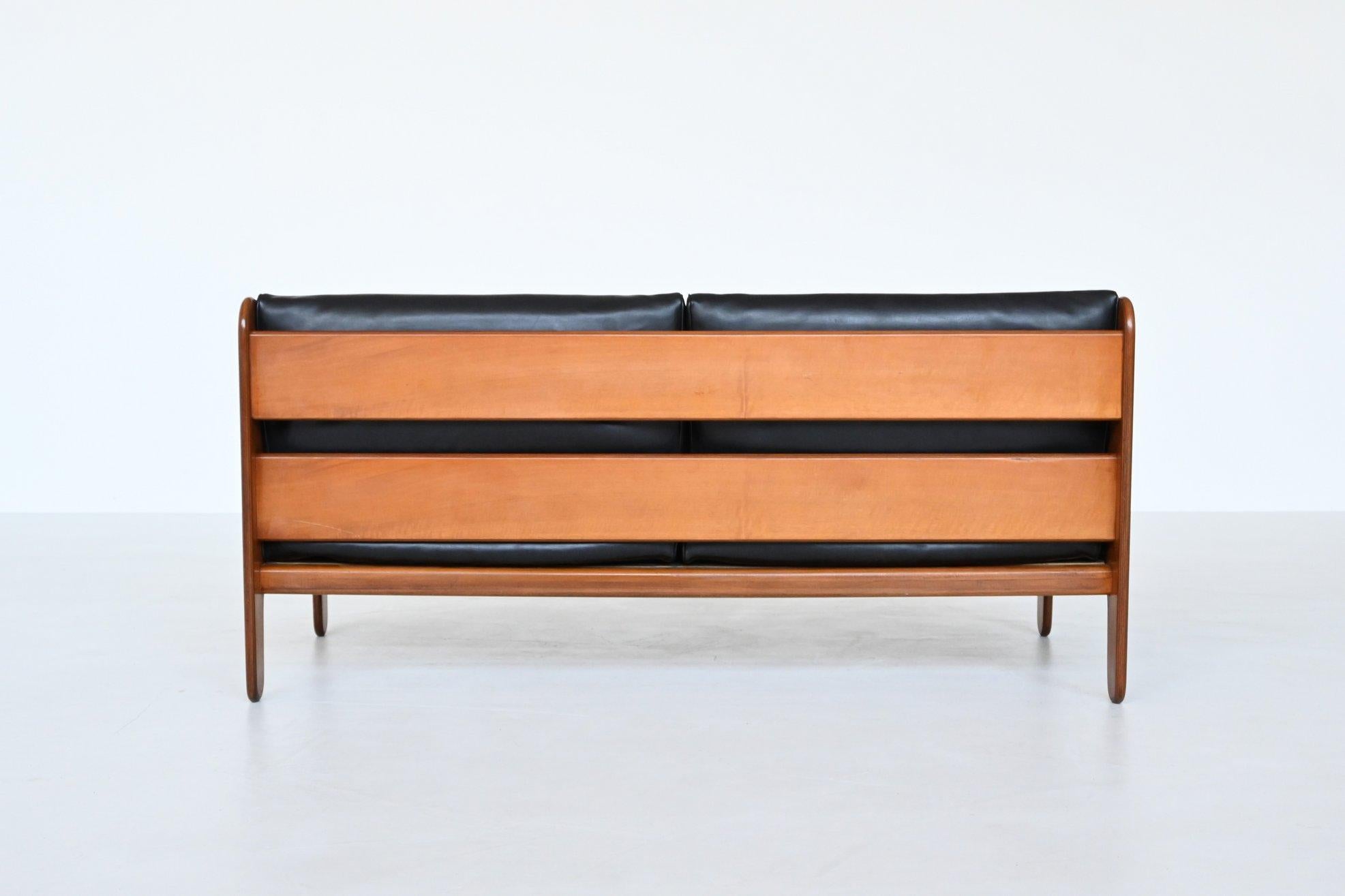Marco Zanuso Baronet two-seat sofa in teak and black leather Arflex Italy 1964 1