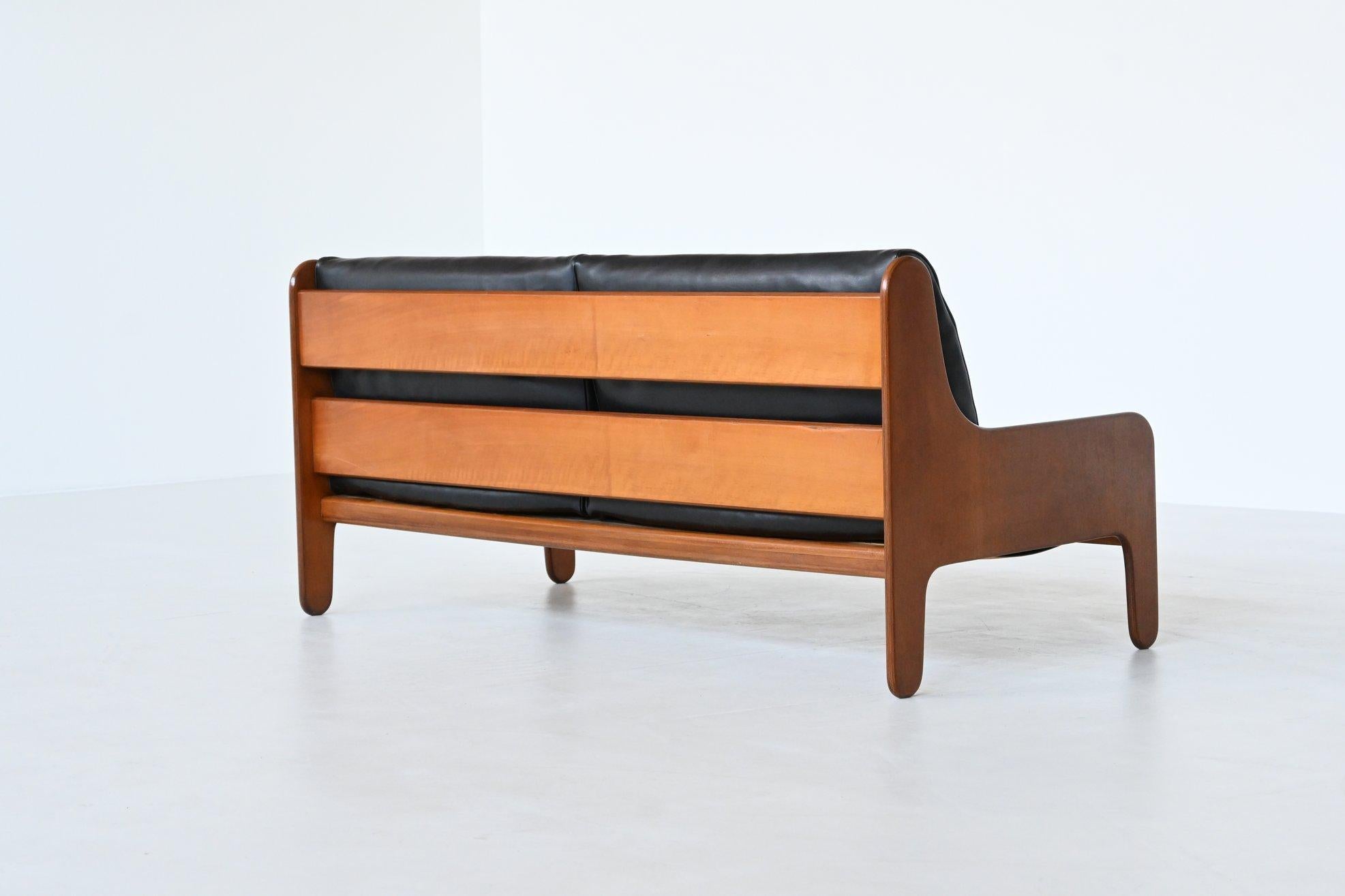 Marco Zanuso Baronet two-seat sofa in teak and black leather Arflex Italy 1964 2