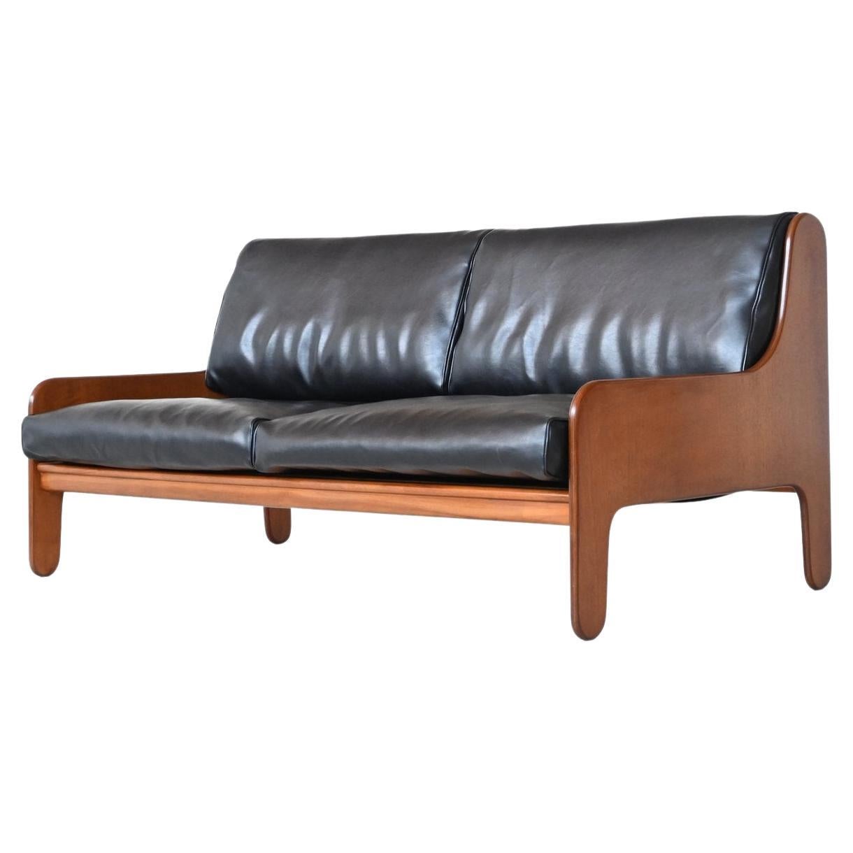 Marco Zanuso Baronet two-seat sofa in teak and black leather Arflex Italy 1964 