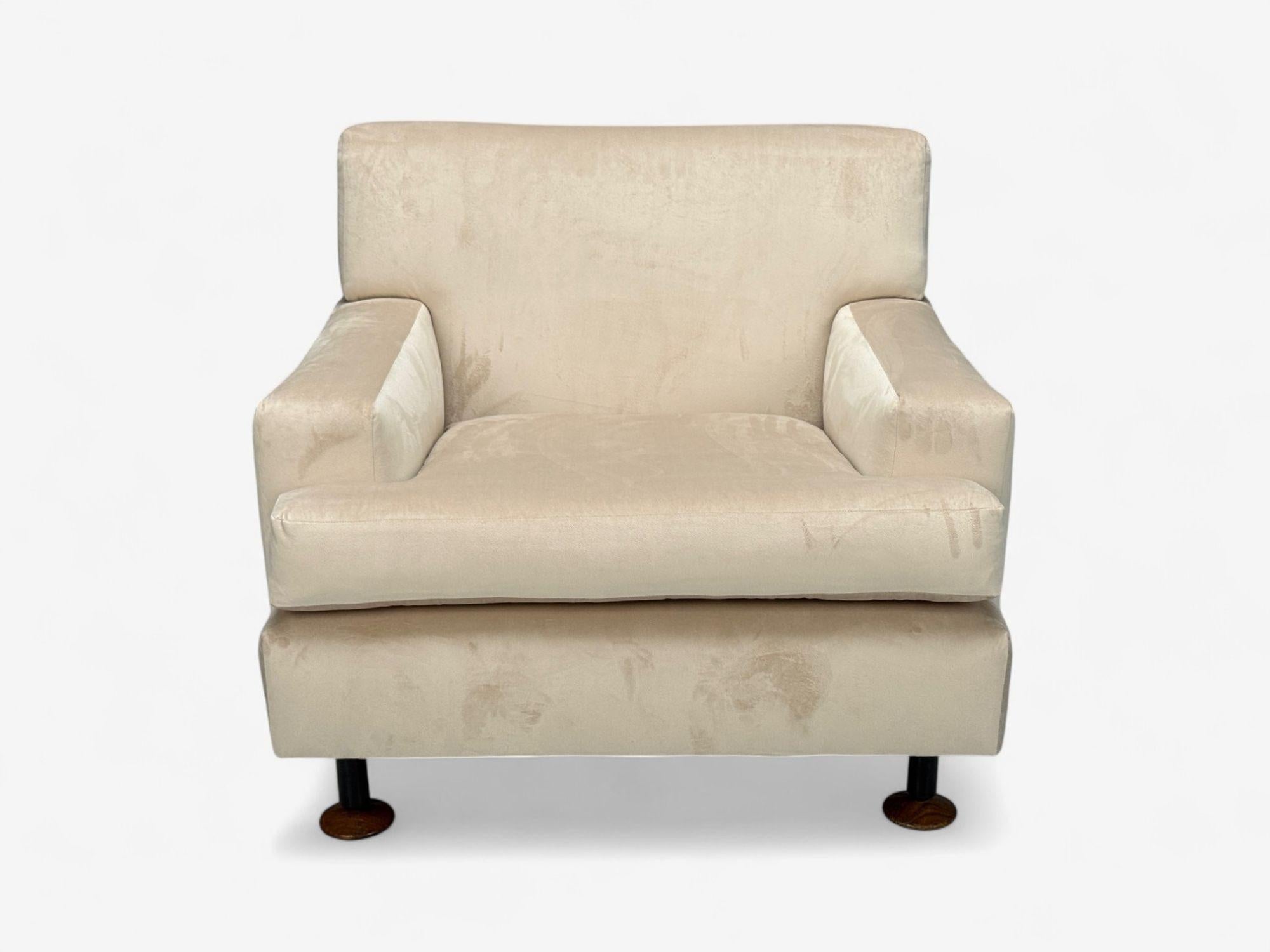 Marco Zanuso, Terciopelo beige, Madera, Metal, Silla de salón, Italia, 1960s en Bueno estado para la venta en Manhasset, NY