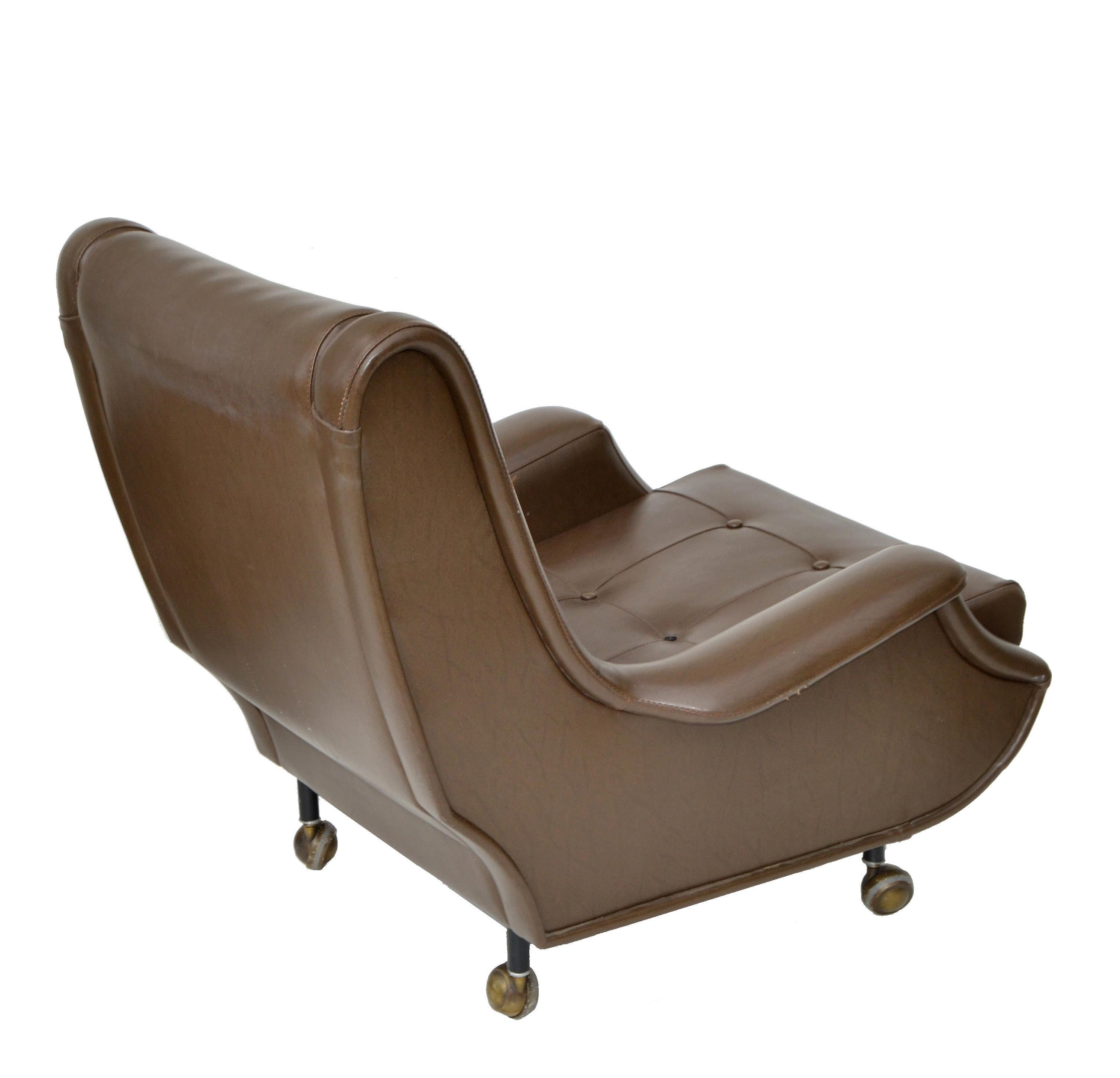Italian Marco Zanuso Brown Leather Lounge Chair Model Regent for Arflex Italy 1960