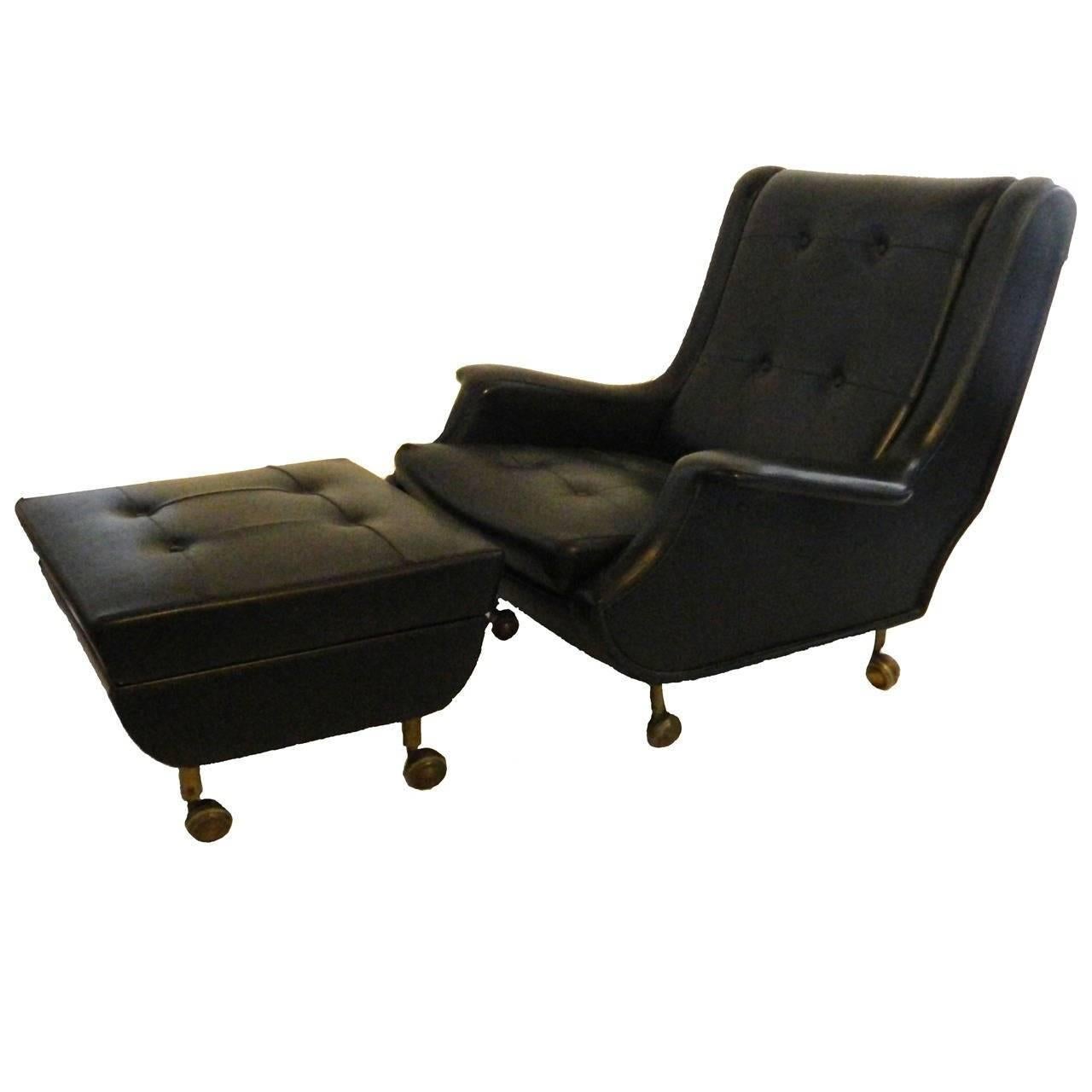Italian Marco Zanuso Black Leather Chair with Ottoman Model Regent for Arflex Italy