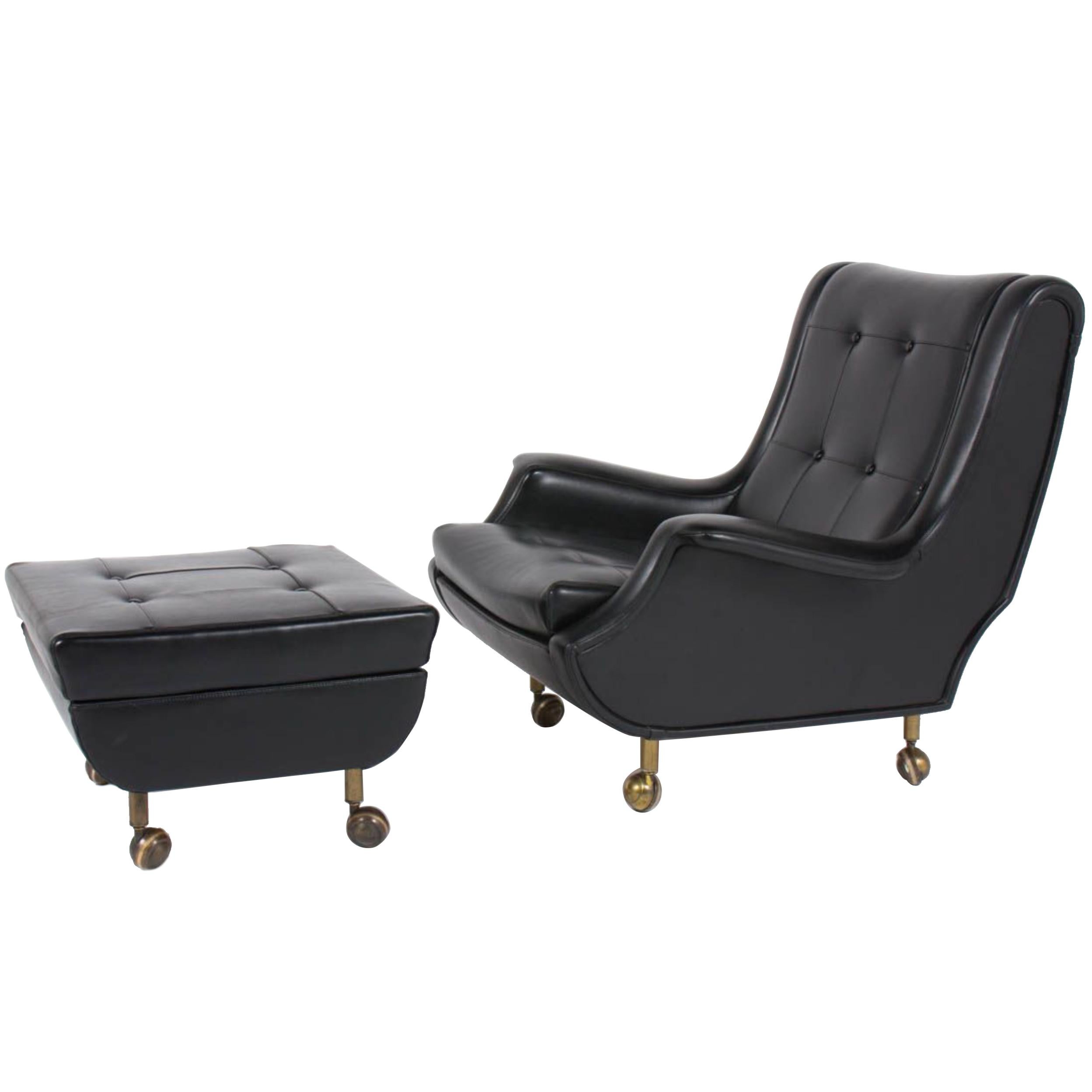Marco Zanuso Black Leather Chair with Ottoman Model Regent for Arflex Italy