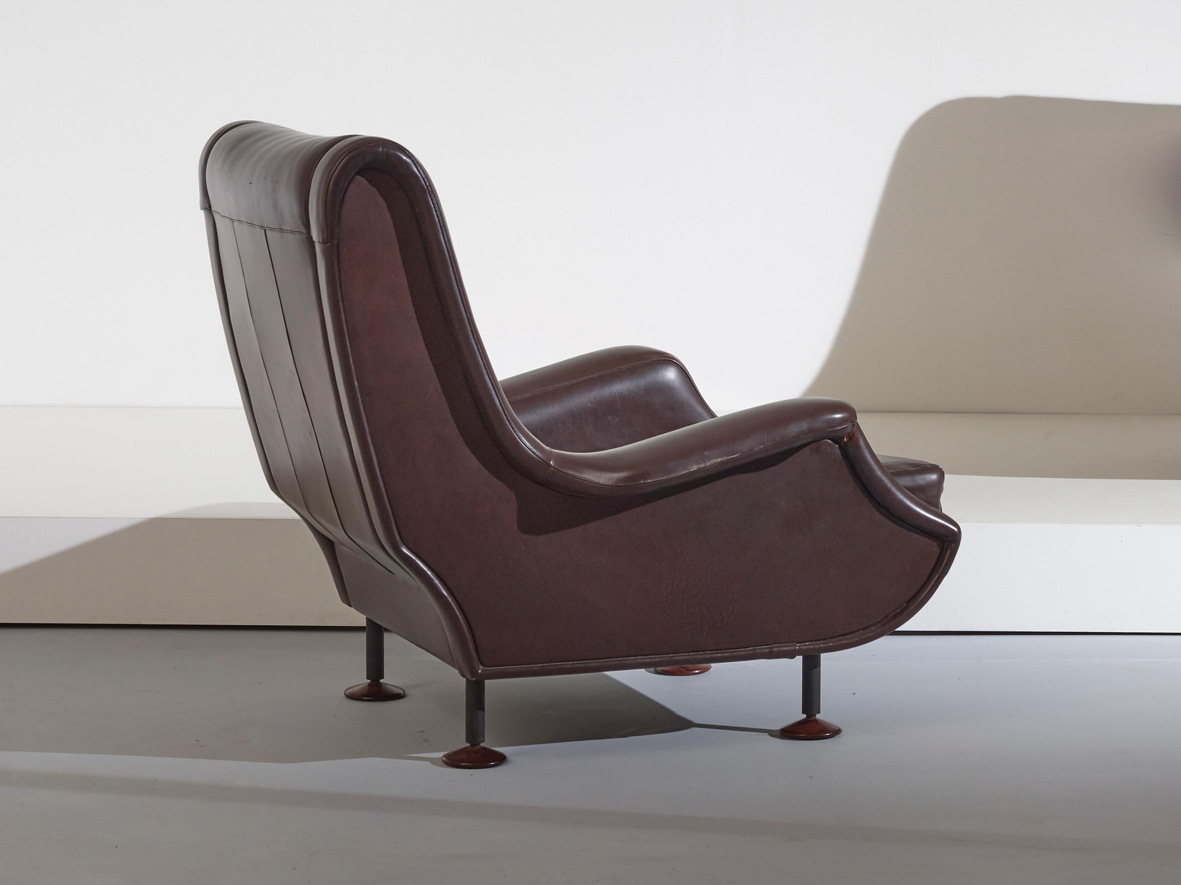 Italian Marco Zanuso Dark Brown Leather Regent Armchair for Arflex, Italy, 1960s