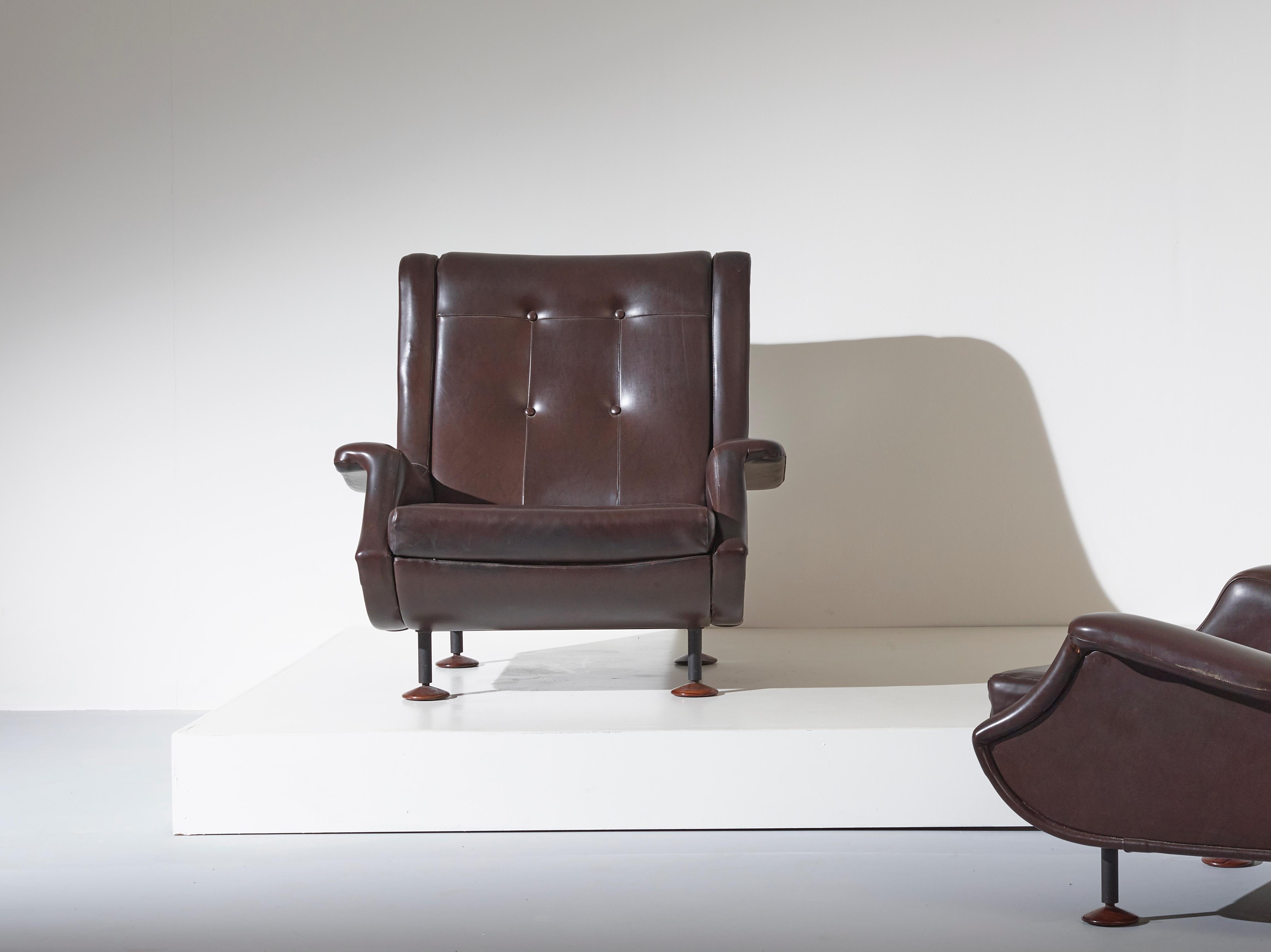 Metal Marco Zanuso Dark Brown Leather Regent Armchair for Arflex, Italy, 1960s