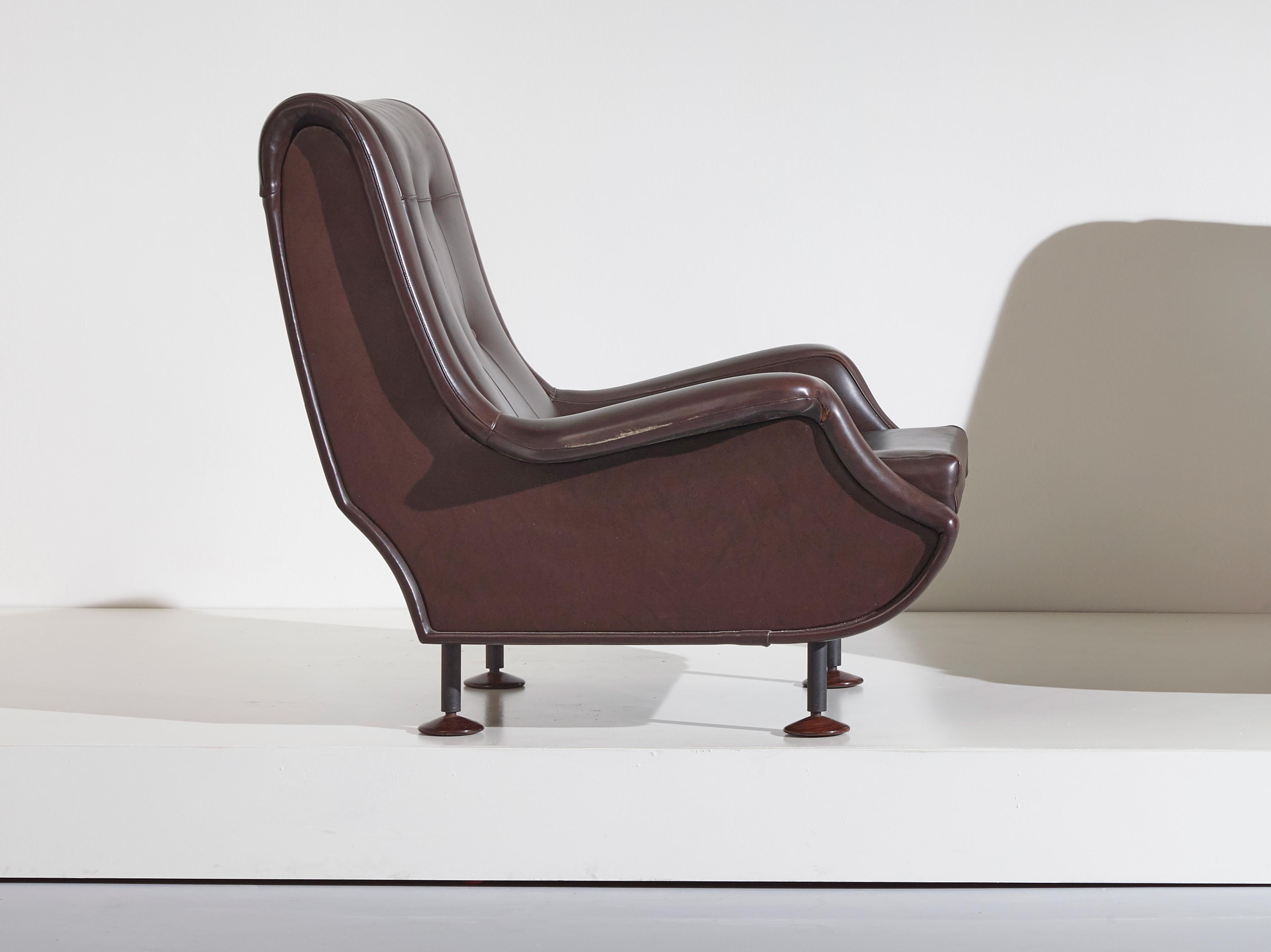 Marco Zanuso Dark Brown Leather Regent Armchair for Arflex, Italy, 1960s 2