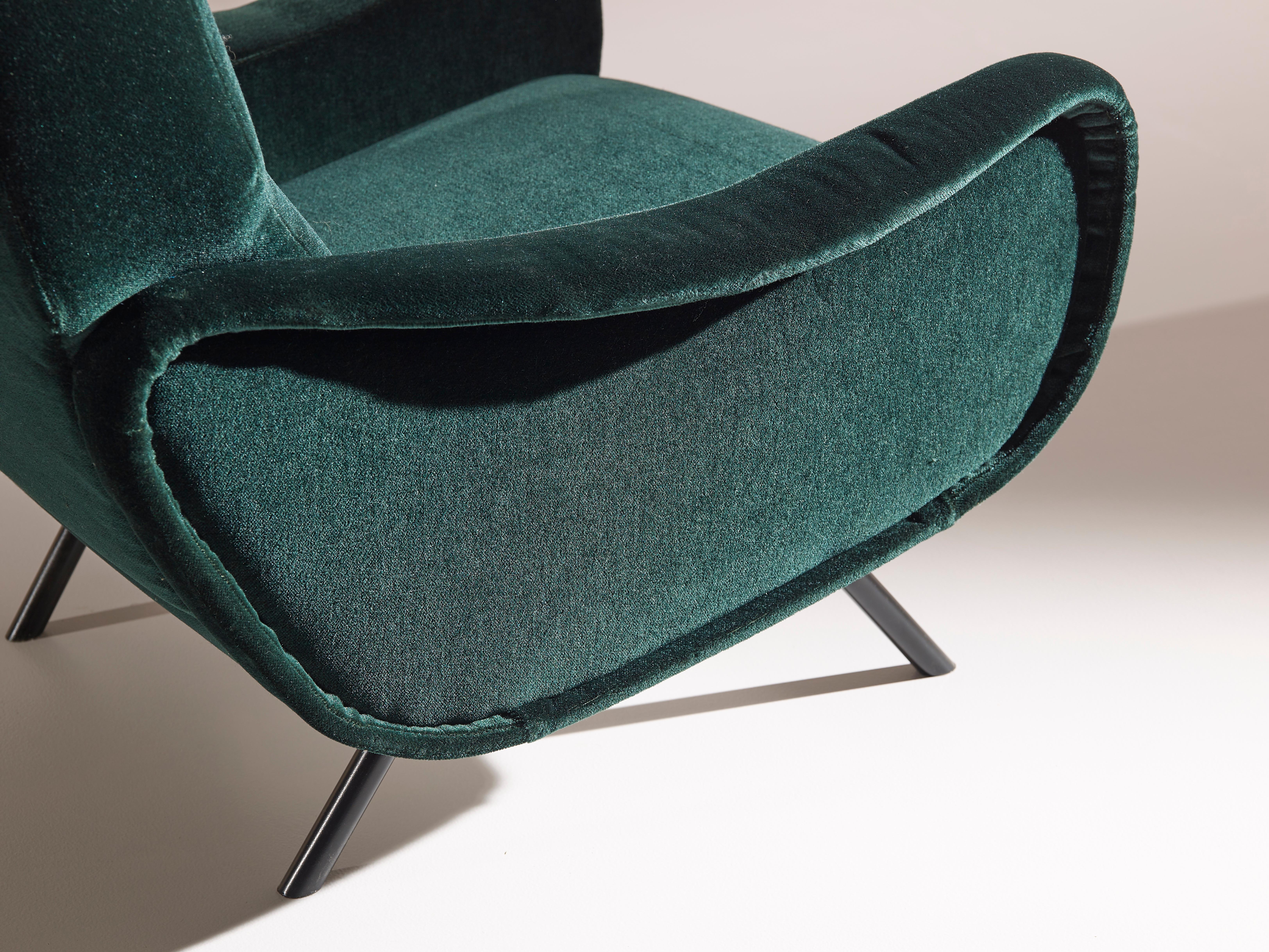 Mid-Century Modern Marco Zanuso Early Pair of ''Lady'' Lounge Chairs Reupholstered in Green Velvet