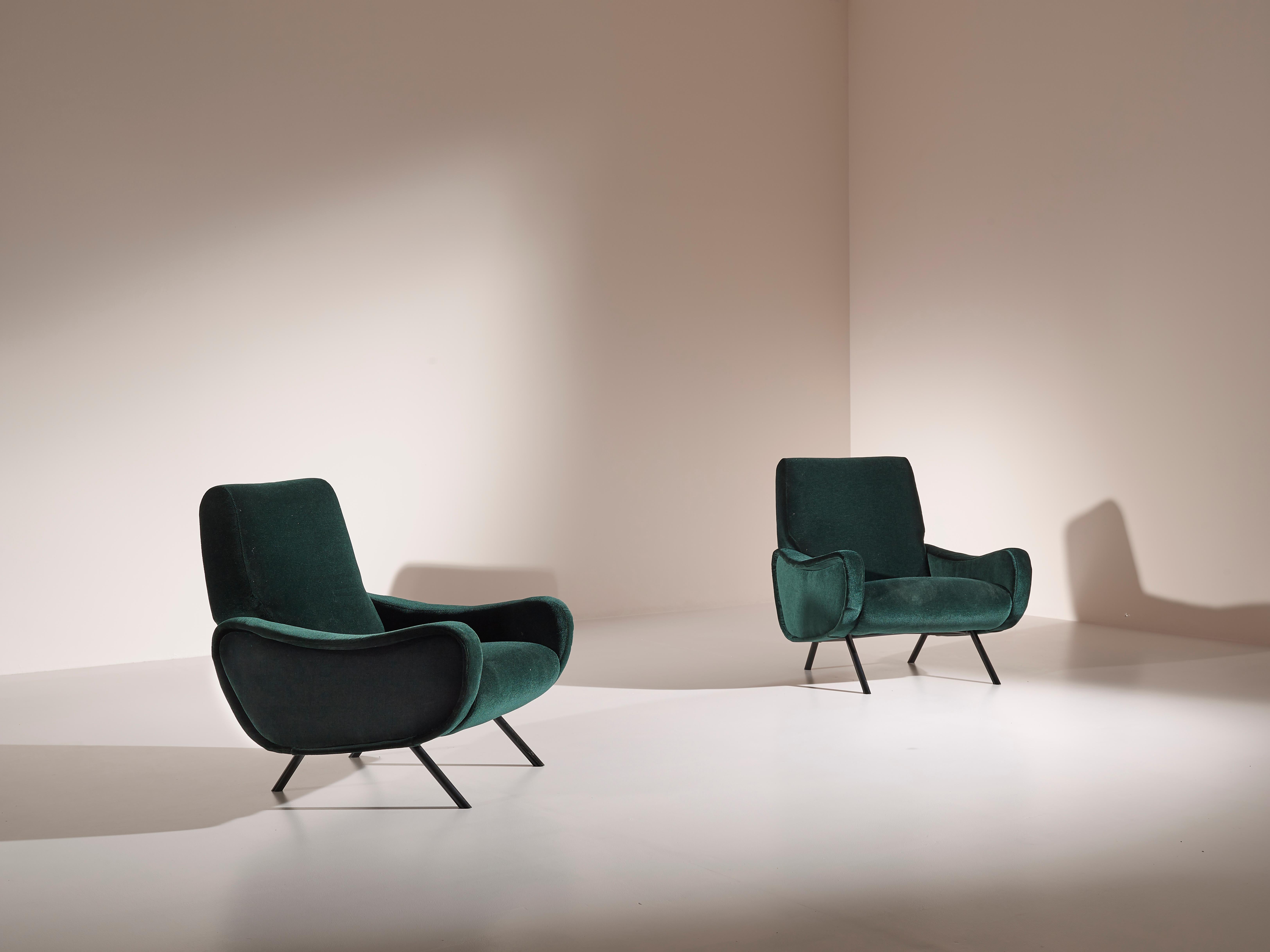 Italian Marco Zanuso Early Pair of ''Lady'' Lounge Chairs Reupholstered in Green Velvet