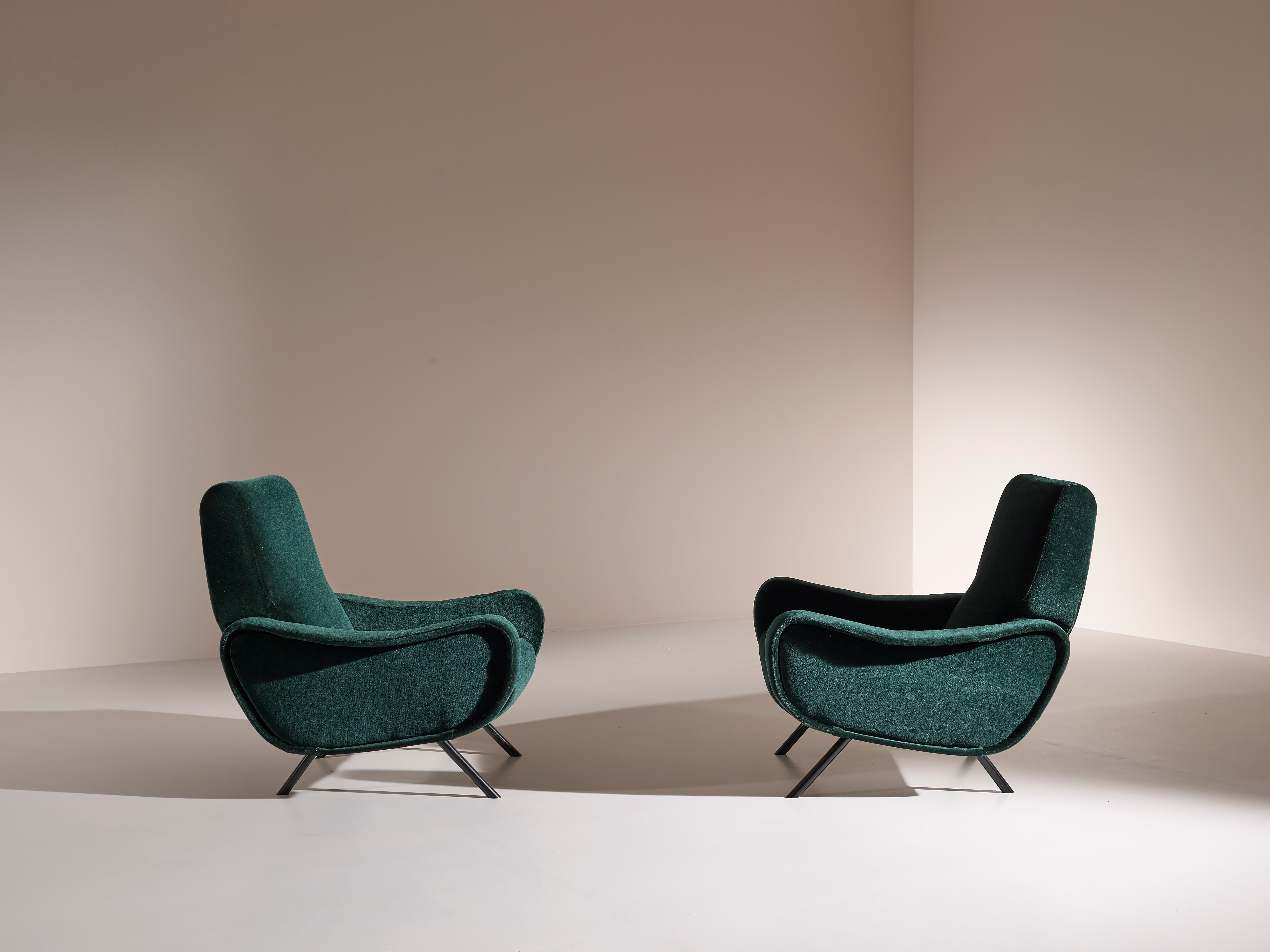 Metal Marco Zanuso Early Pair of ''Lady'' Lounge Chairs Reupholstered in Green Velvet